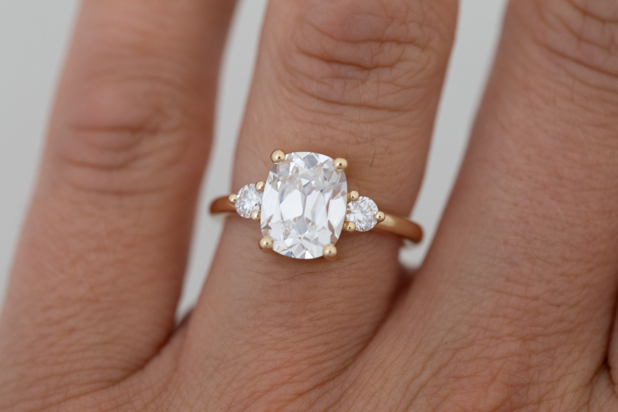 Maeve Ring | Lab Antique Cushion Cut Diamond + Round Lab Diamond Accent Engagement Ring 2.85 ct | 14k Recycled Gold | One of a Kind