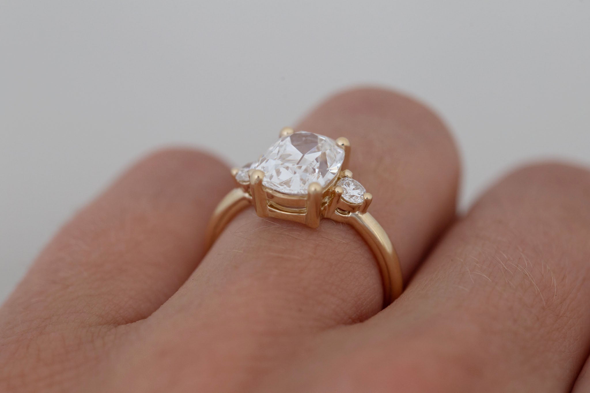Maeve Ring | Lab Antique Cushion Cut Diamond + Round Lab Diamond Accent Engagement Ring 2.85 ct | 14k Recycled Gold | One of a Kind