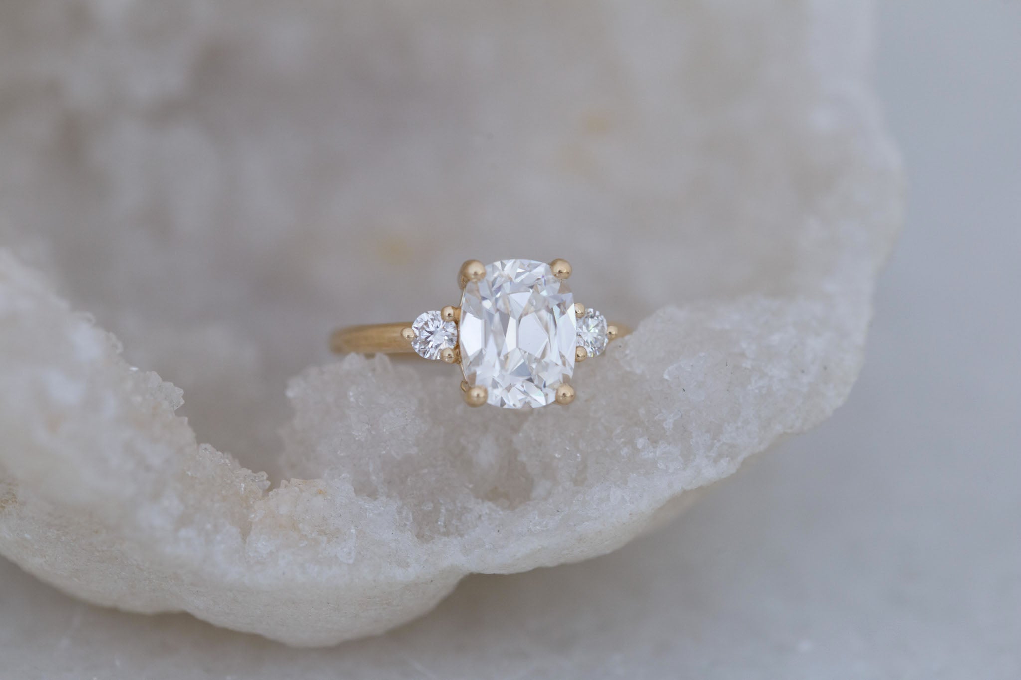 Maeve Ring | Lab Antique Cushion Cut Diamond + Round Lab Diamond Accent Engagement Ring 2.85 ct | 14k Recycled Gold | One of a Kind
