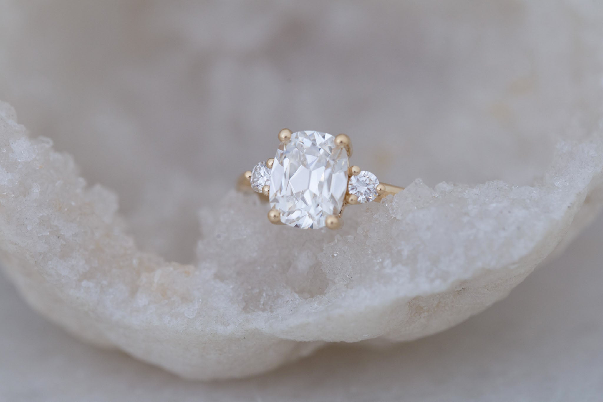 Maeve Ring | Lab Antique Cushion Cut Diamond + Round Lab Diamond Accent Engagement Ring 2.85 ct | 14k Recycled Gold | One of a Kind