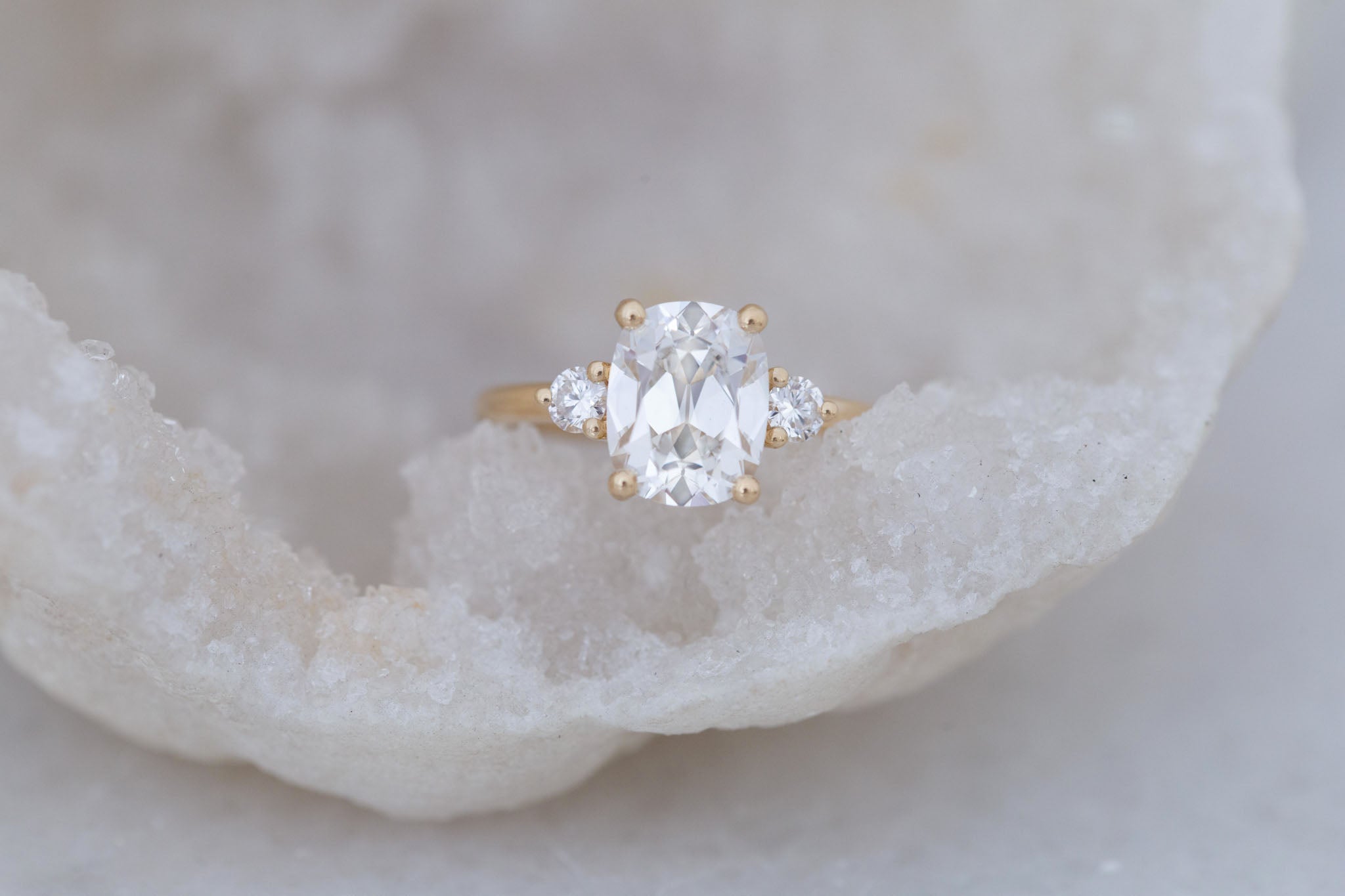 Maeve Ring | Lab Antique Cushion Cut Diamond + Round Lab Diamond Accent Engagement Ring 2.85 ct | 14k Recycled Gold | One of a Kind