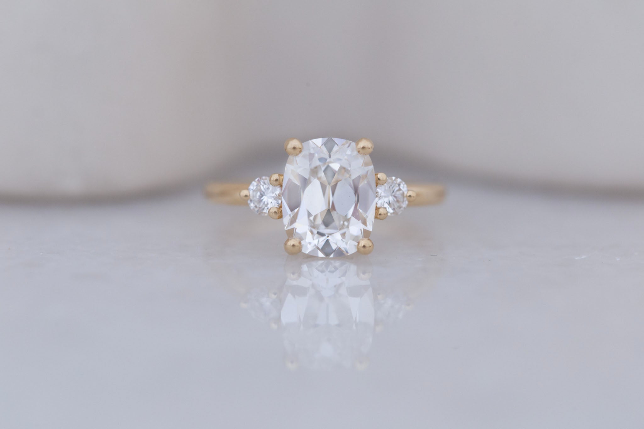 Maeve Ring | Lab Antique Cushion Cut Diamond + Round Lab Diamond Accent Engagement Ring 2.85 ct | 14k Recycled Gold | One of a Kind