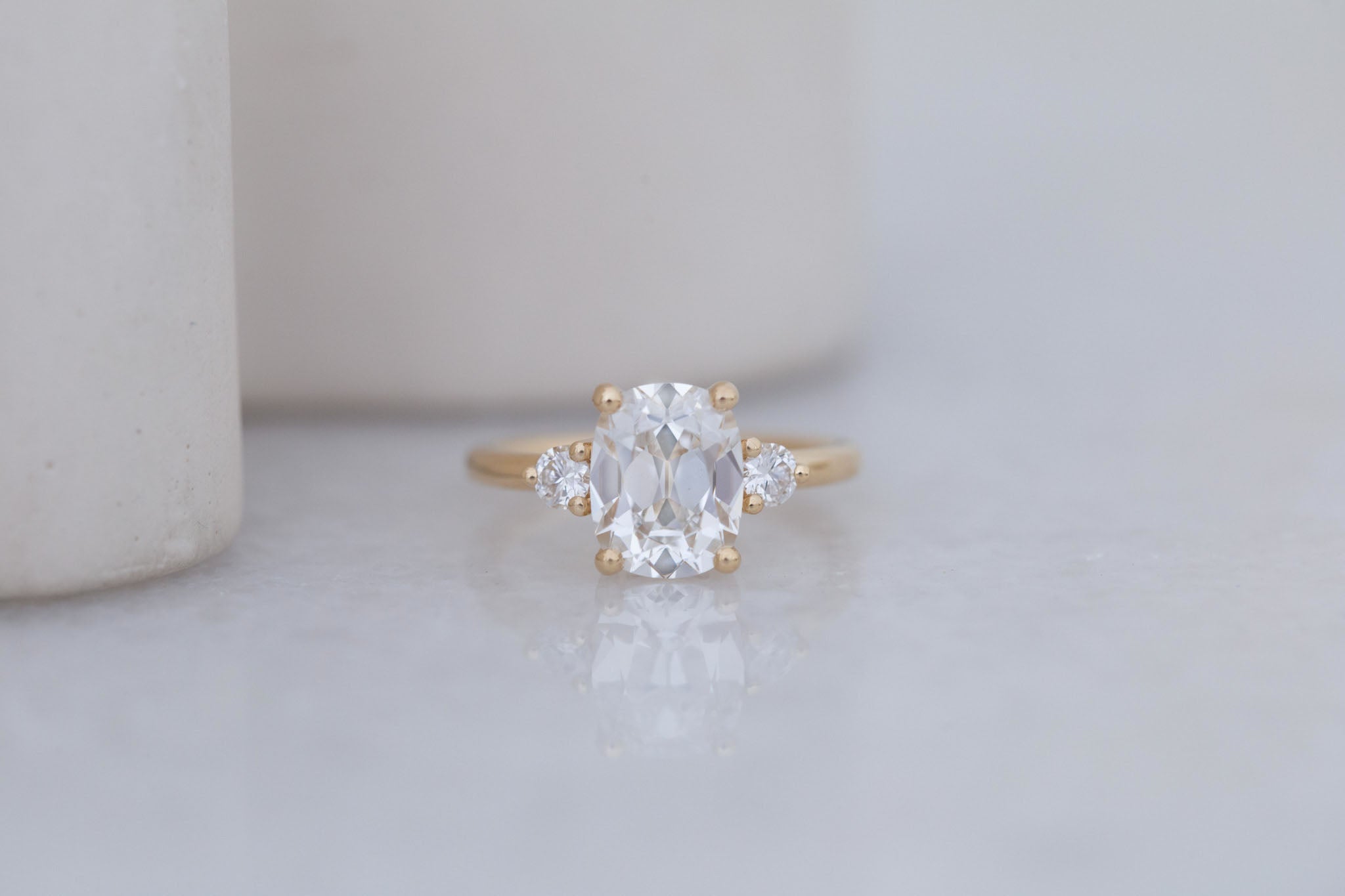 Maeve Ring | Lab Antique Cushion Cut Diamond + Round Lab Diamond Accent Engagement Ring 2.85 ct | 14k Recycled Gold | One of a Kind