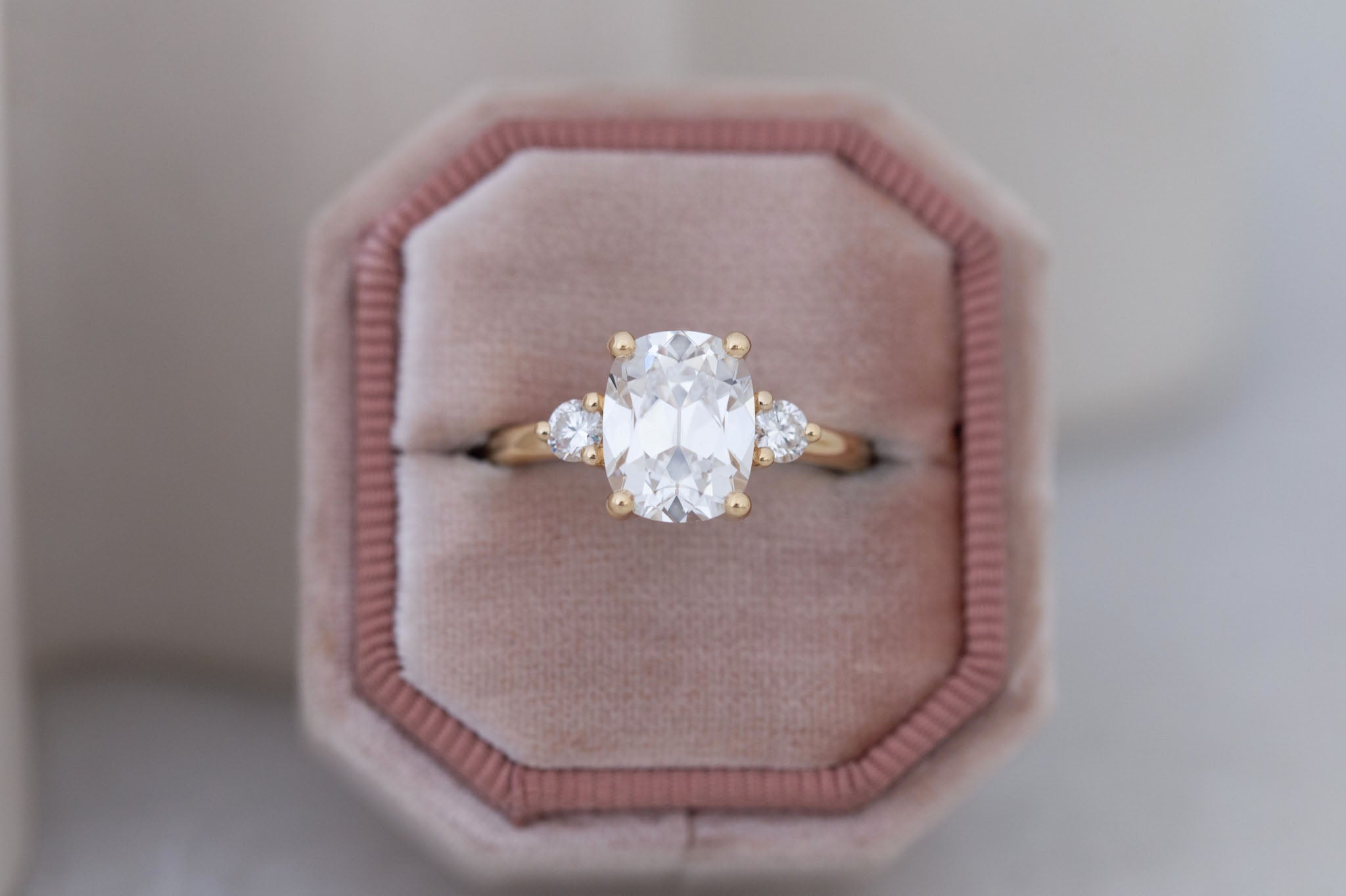 Maeve Ring | Lab Antique Cushion Cut Diamond + Round Lab Diamond Accent Engagement Ring 2.85 ct | 14k Recycled Gold | One of a Kind