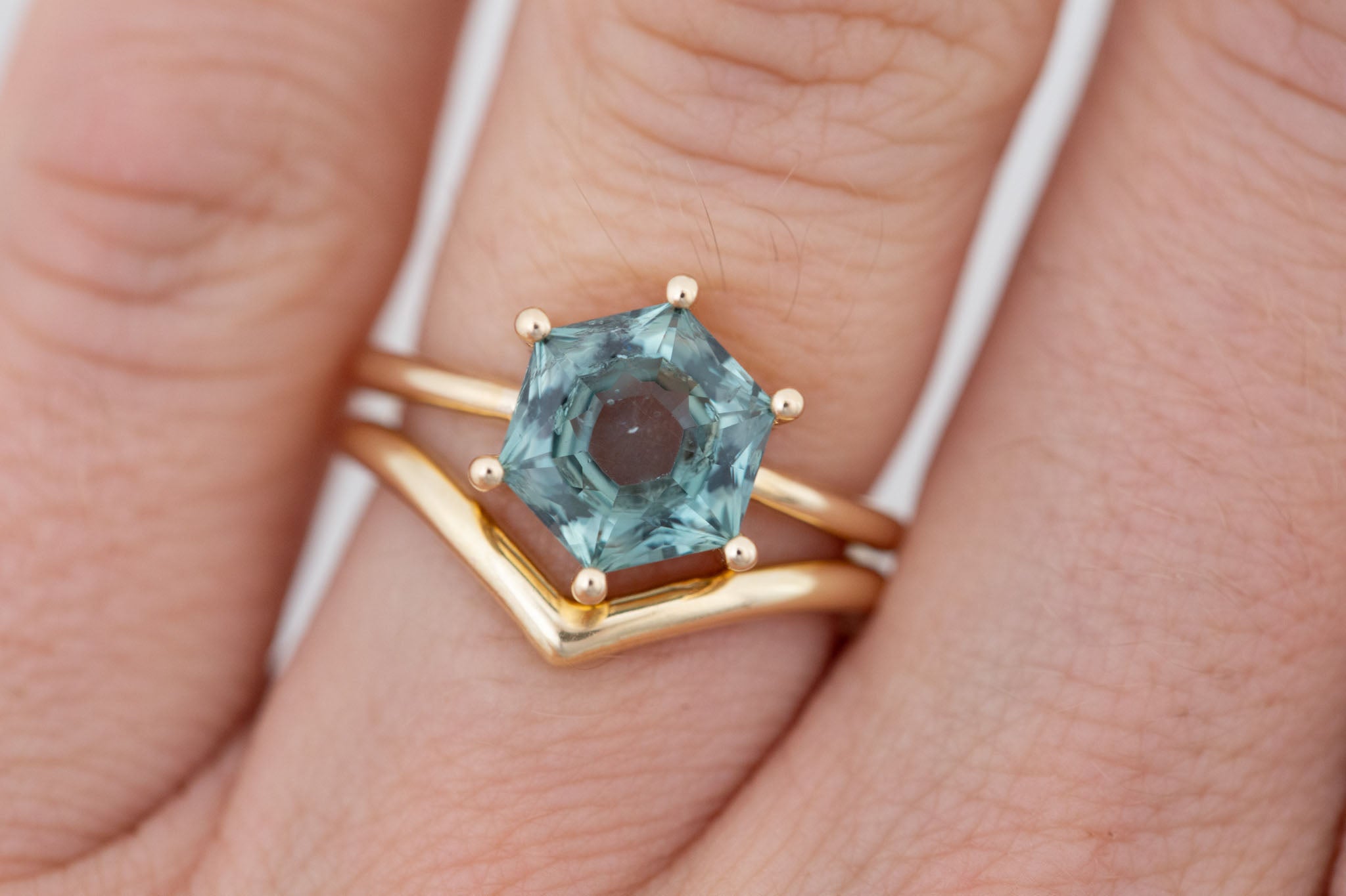 Mesa Ring | Teal Hexagon Montana Sapphire Solitaire Engagement Ring 3.03 ct | 14k Recycled Gold | One of a Kind
