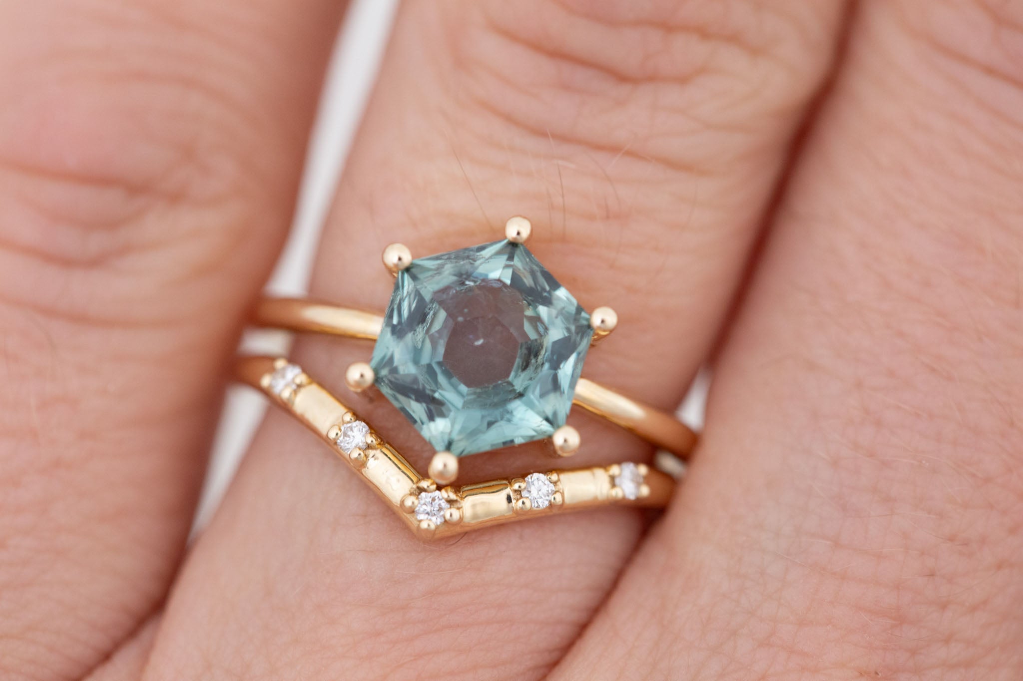 Mesa Ring | Teal Hexagon Montana Sapphire Solitaire Engagement Ring 3.03 ct | 14k Recycled Gold | One of a Kind