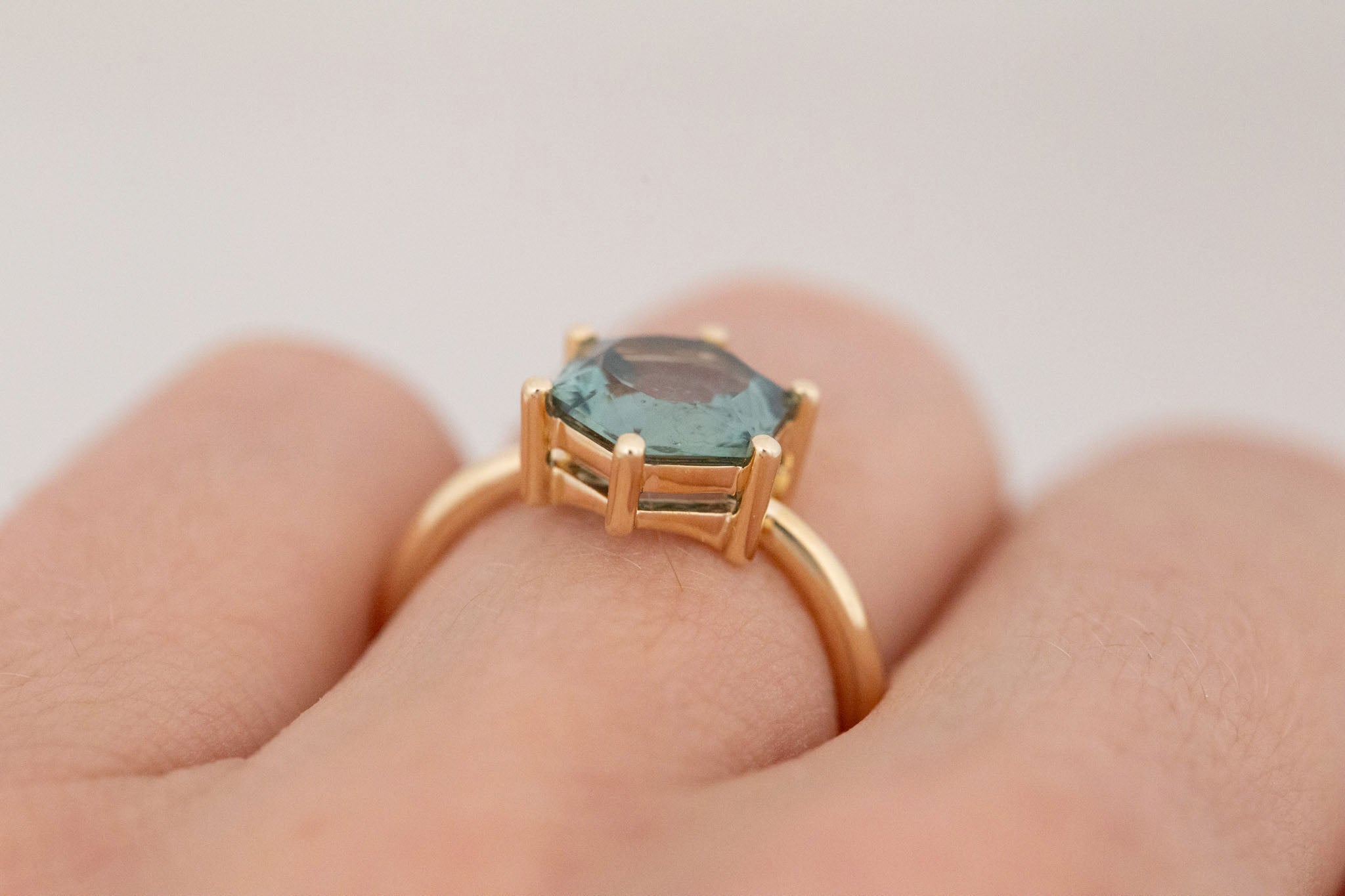 Mesa Ring | Teal Hexagon Montana Sapphire Solitaire Engagement Ring 3.03 ct | 14k Recycled Gold | One of a Kind