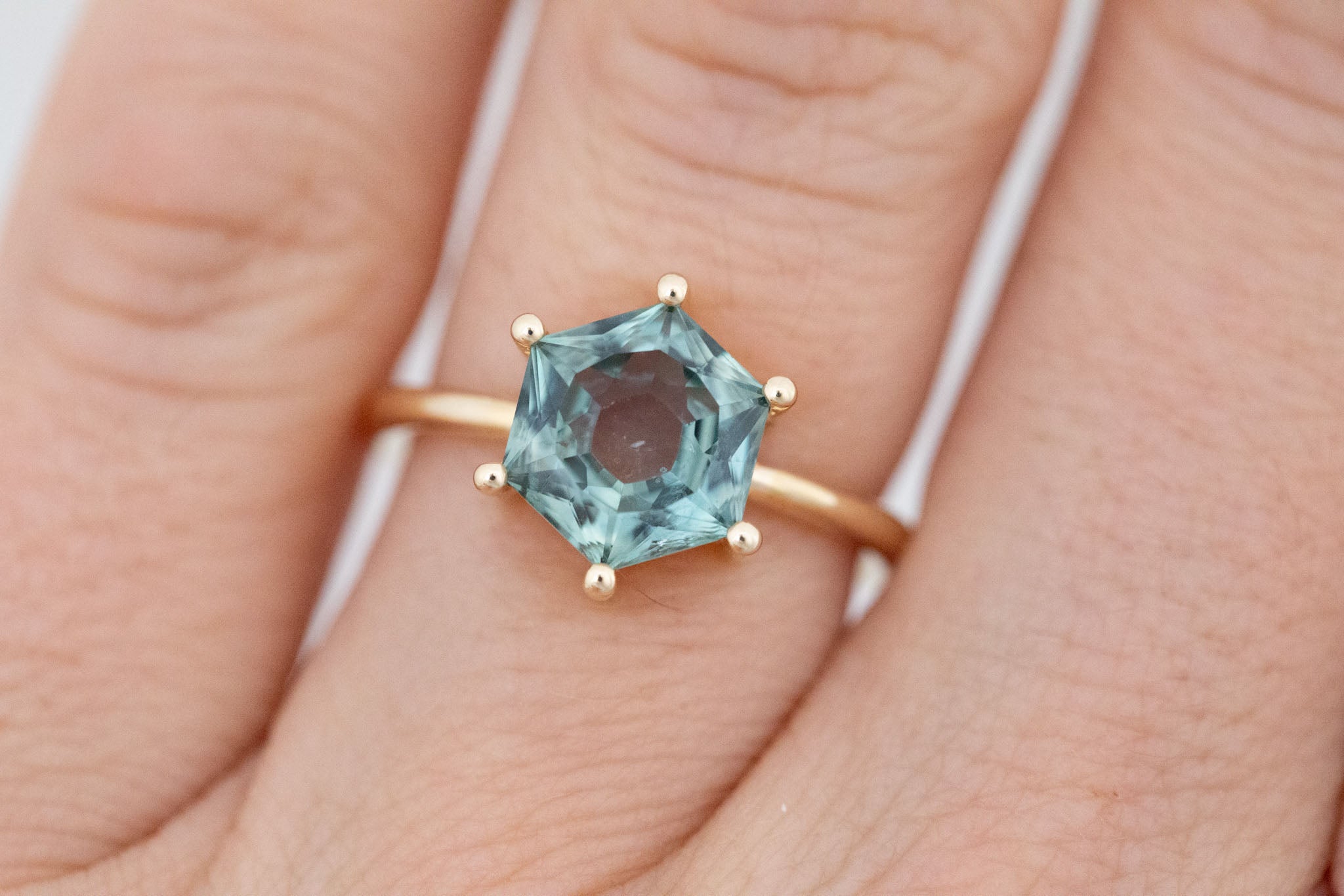 Mesa Ring | Teal Hexagon Montana Sapphire Solitaire Engagement Ring 3.03 ct | 14k Recycled Gold | One of a Kind