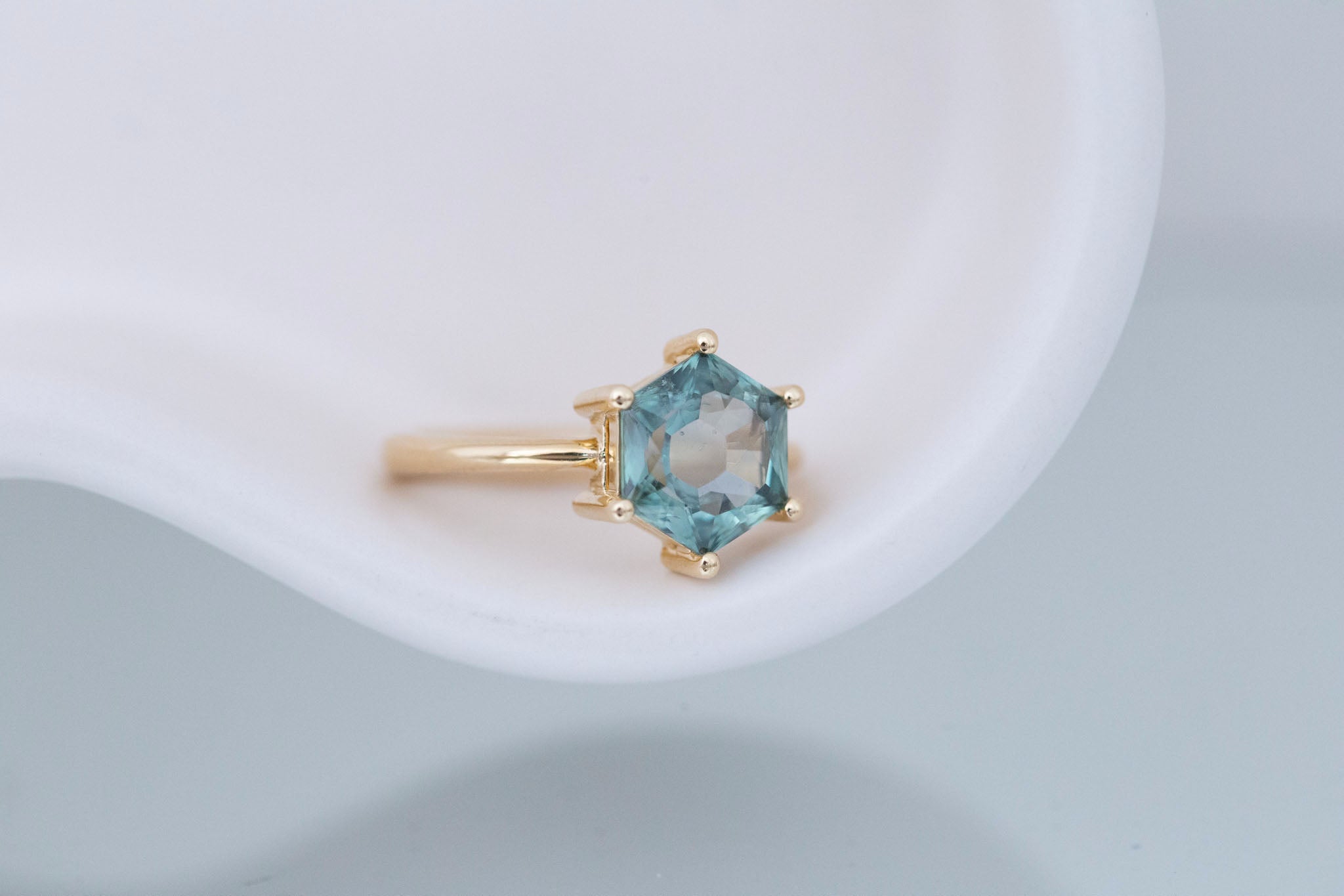 Mesa Ring | Teal Hexagon Montana Sapphire Solitaire Engagement Ring 3.03 ct | 14k Recycled Gold | One of a Kind