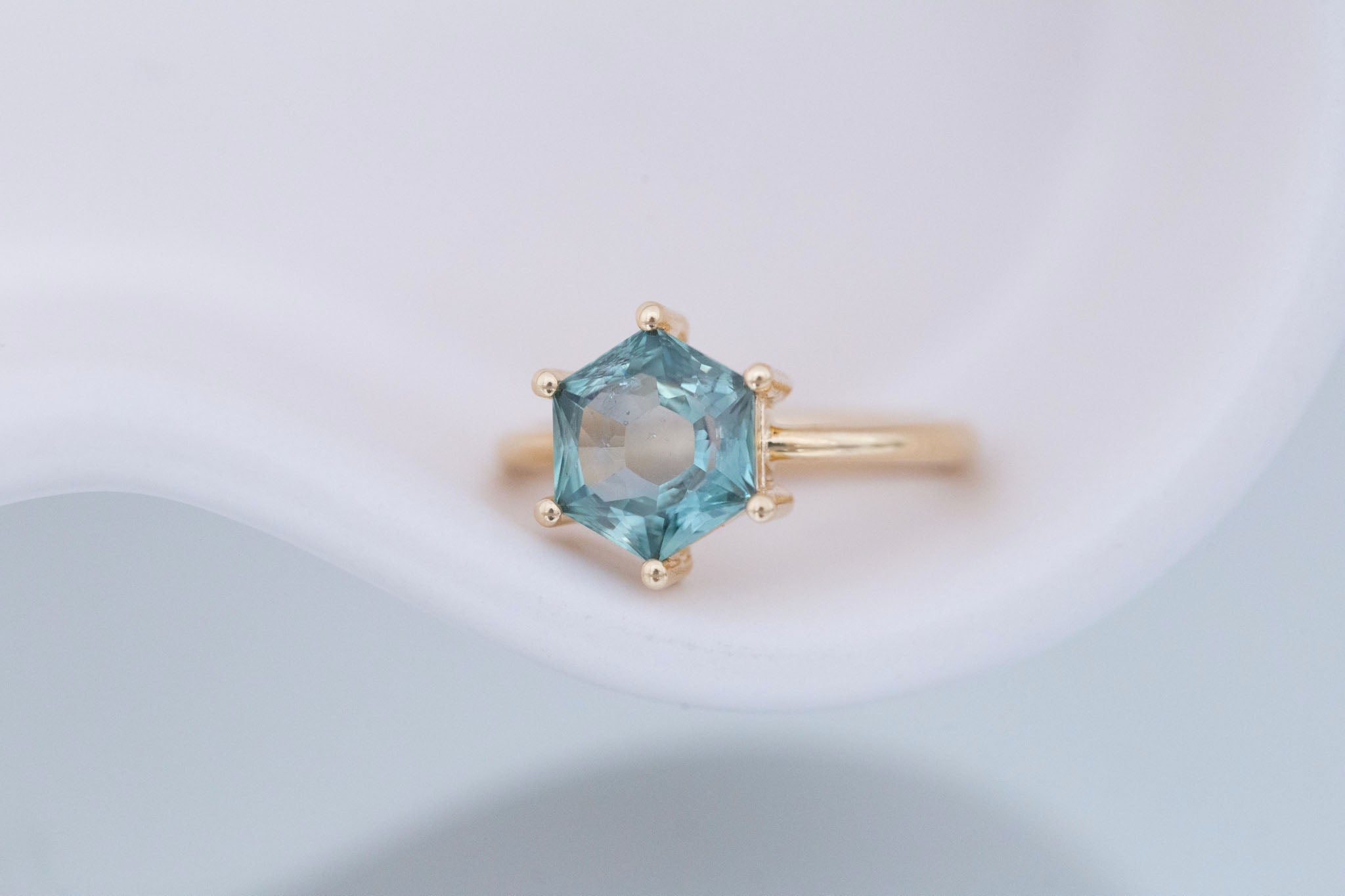 Mesa Ring | Teal Hexagon Montana Sapphire Solitaire Engagement Ring 3.03 ct | 14k Recycled Gold | One of a Kind