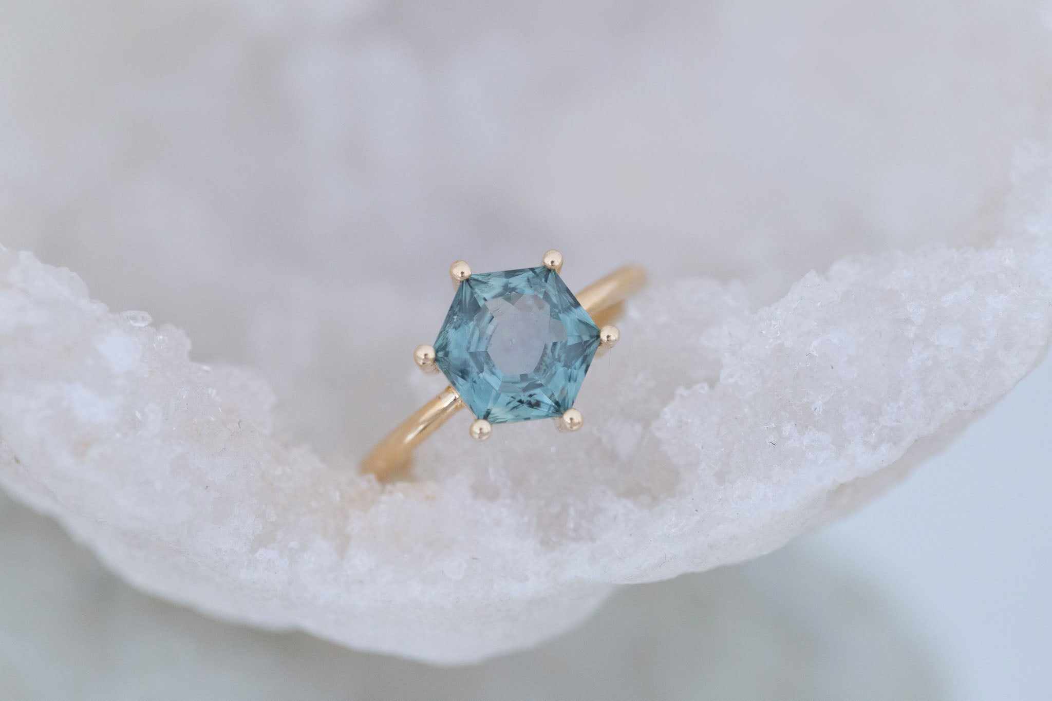 Mesa Ring | Teal Hexagon Montana Sapphire Solitaire Engagement Ring 3.03 ct | 14k Recycled Gold | One of a Kind
