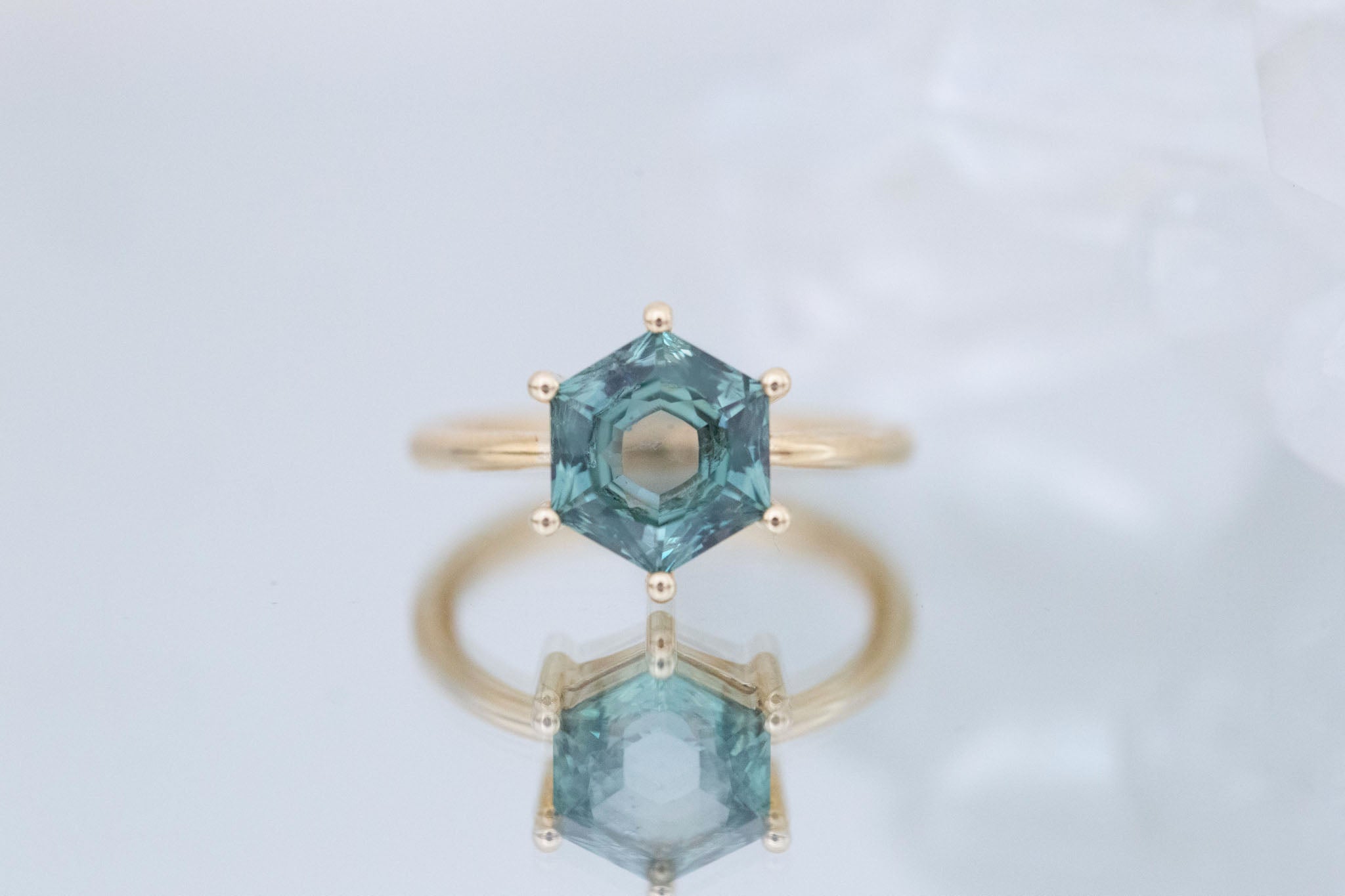 Mesa Ring | Teal Hexagon Montana Sapphire Solitaire Engagement Ring 3.03 ct | 14k Recycled Gold | One of a Kind