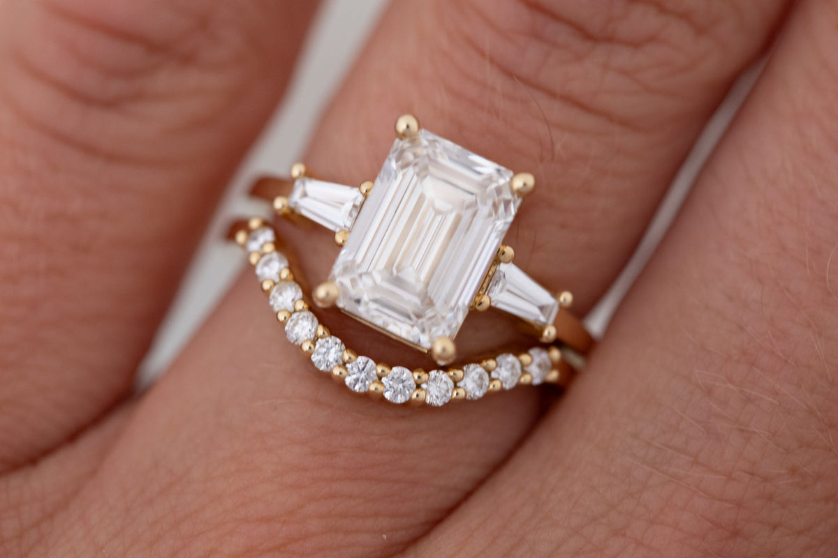 Marlowe Ring | Lab Emerald Cut Diamond + Tapered Baguette Lab Diamond Accent Engagement Ring 3.05 ct | 14k Recycled Gold | One of a Kind