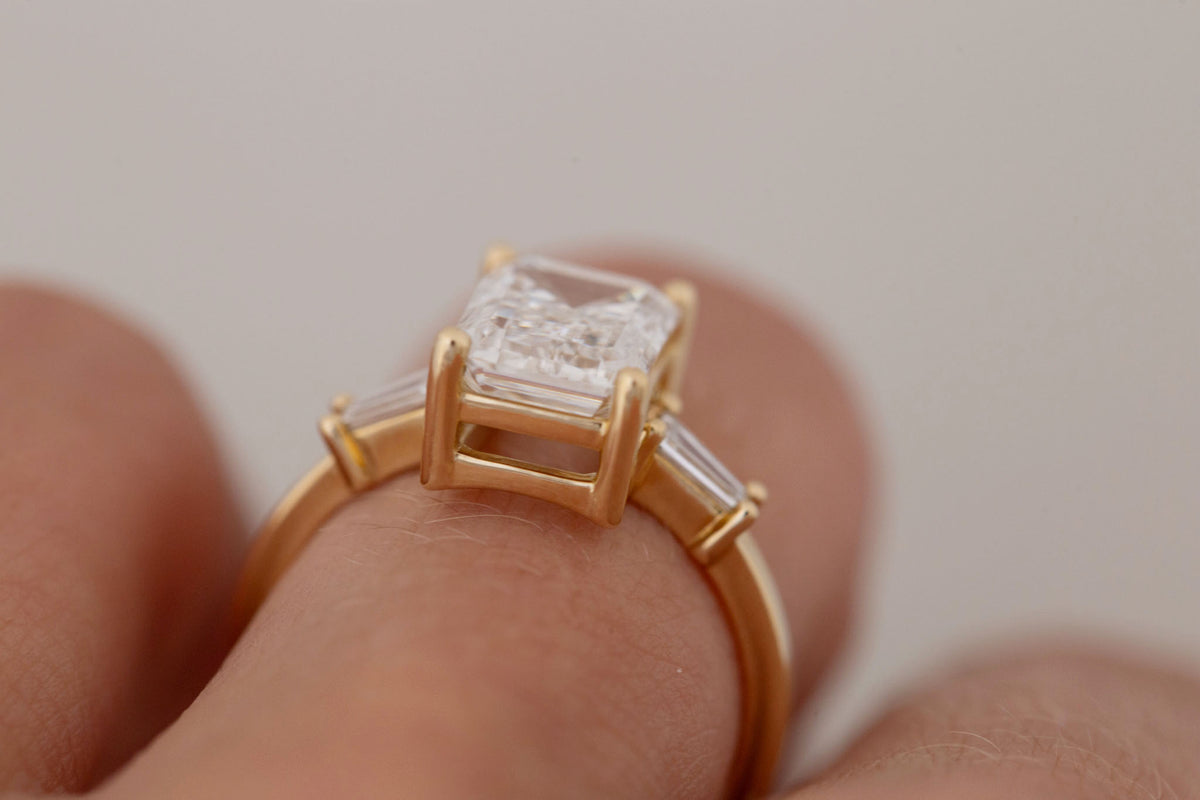 Marlowe Ring | Lab Emerald Cut Diamond + Tapered Baguette Lab Diamond Accent Engagement Ring 3.05 ct | 14k Recycled Gold | One of a Kind