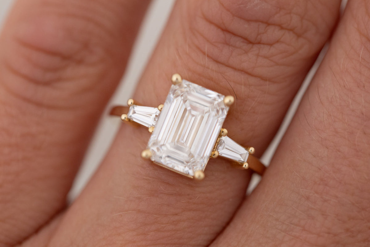 Marlowe Ring | Lab Emerald Cut Diamond + Tapered Baguette Lab Diamond Accent Engagement Ring 3.05 ct | 14k Recycled Gold | One of a Kind
