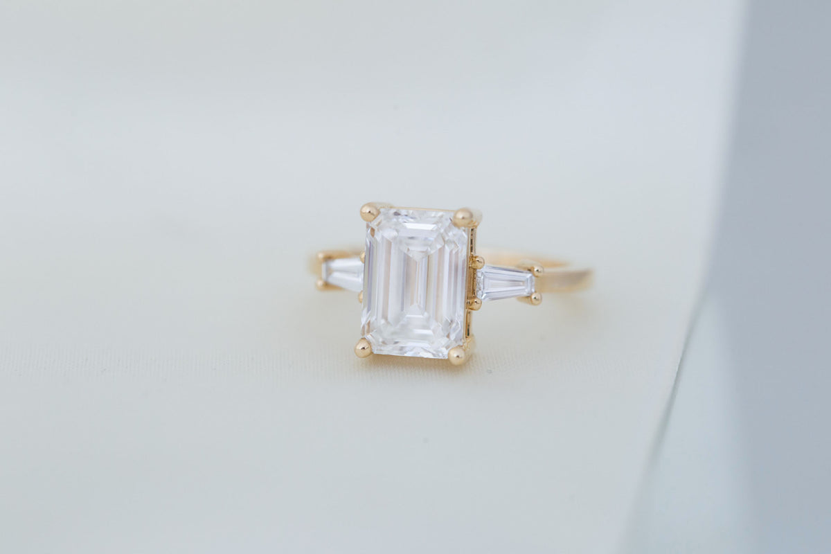 Marlowe Ring | Lab Emerald Cut Diamond + Tapered Baguette Lab Diamond Accent Engagement Ring 3.05 ct | 14k Recycled Gold | One of a Kind