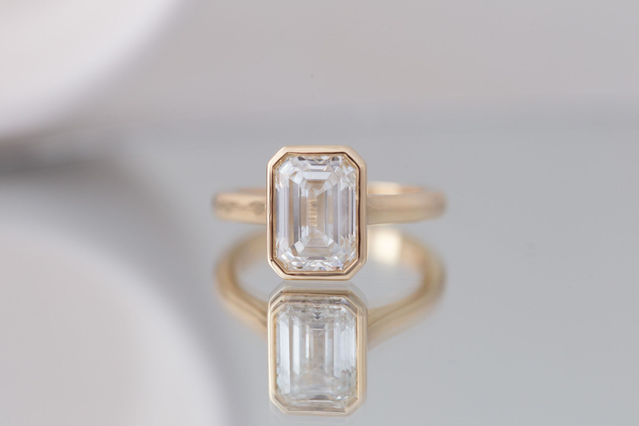 Avens Ring | Lab Emerald Cut Diamond Solitaire Engagement Ring 3.07 ct | 14k Recycled Gold | One of a Kind