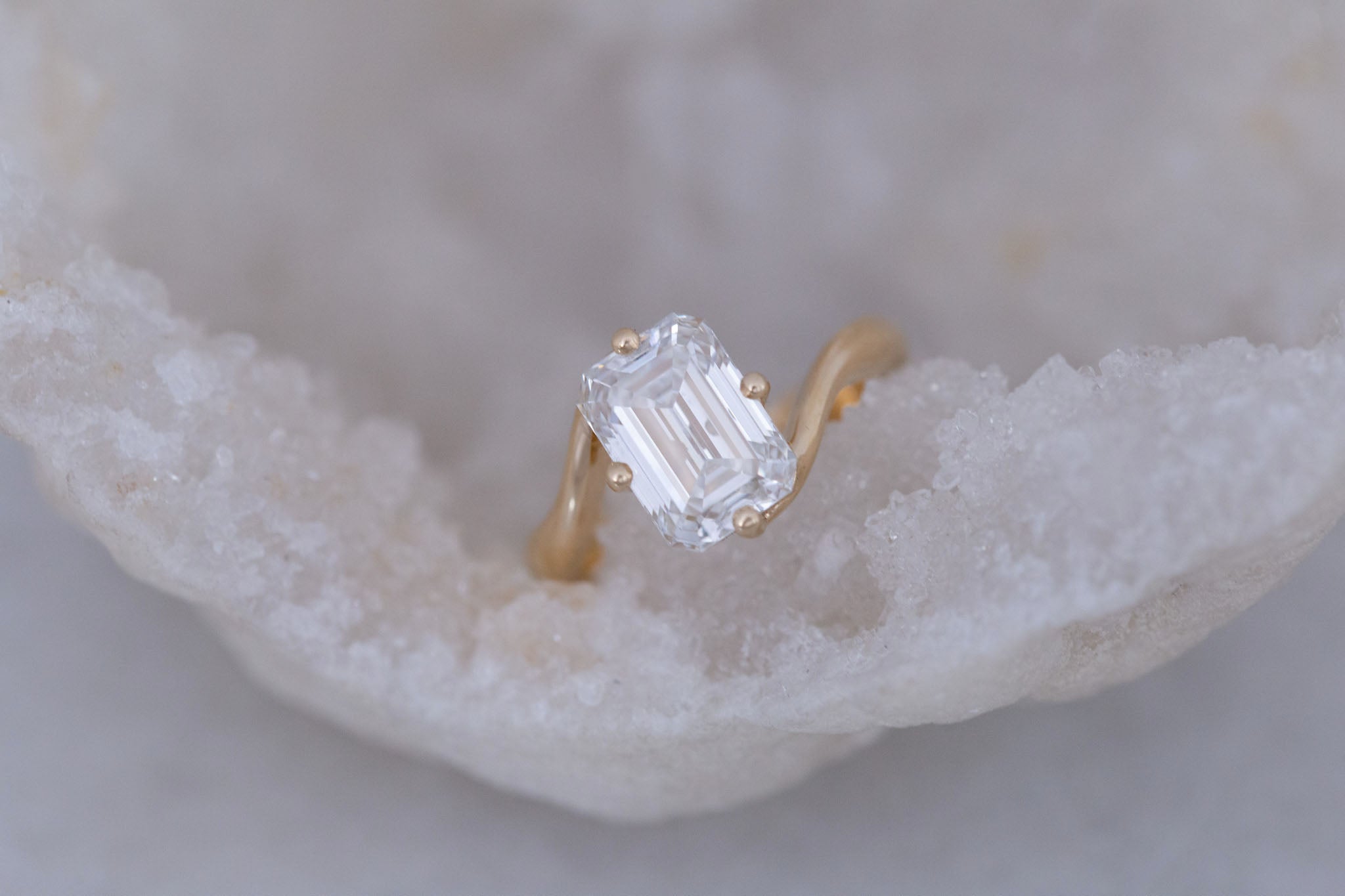 Marin Ring | Lab Emerald Cut Bypass Engagement Ring 3.08 ct | 14k Recycled Gold | One of a Kind