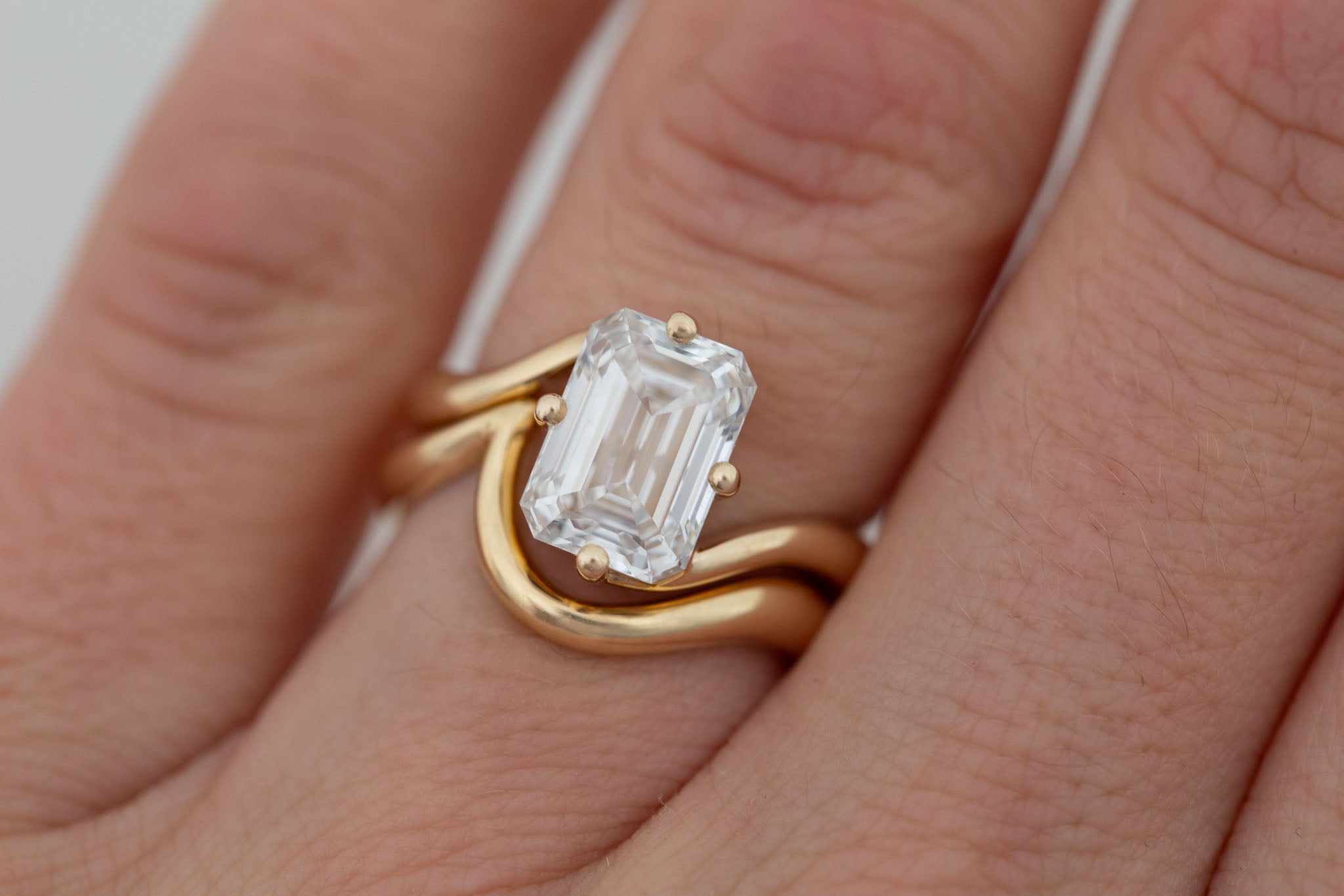 Marin Ring | Lab Emerald Cut Bypass Engagement Ring 3.08 ct | 14k Recycled Gold | One of a Kind