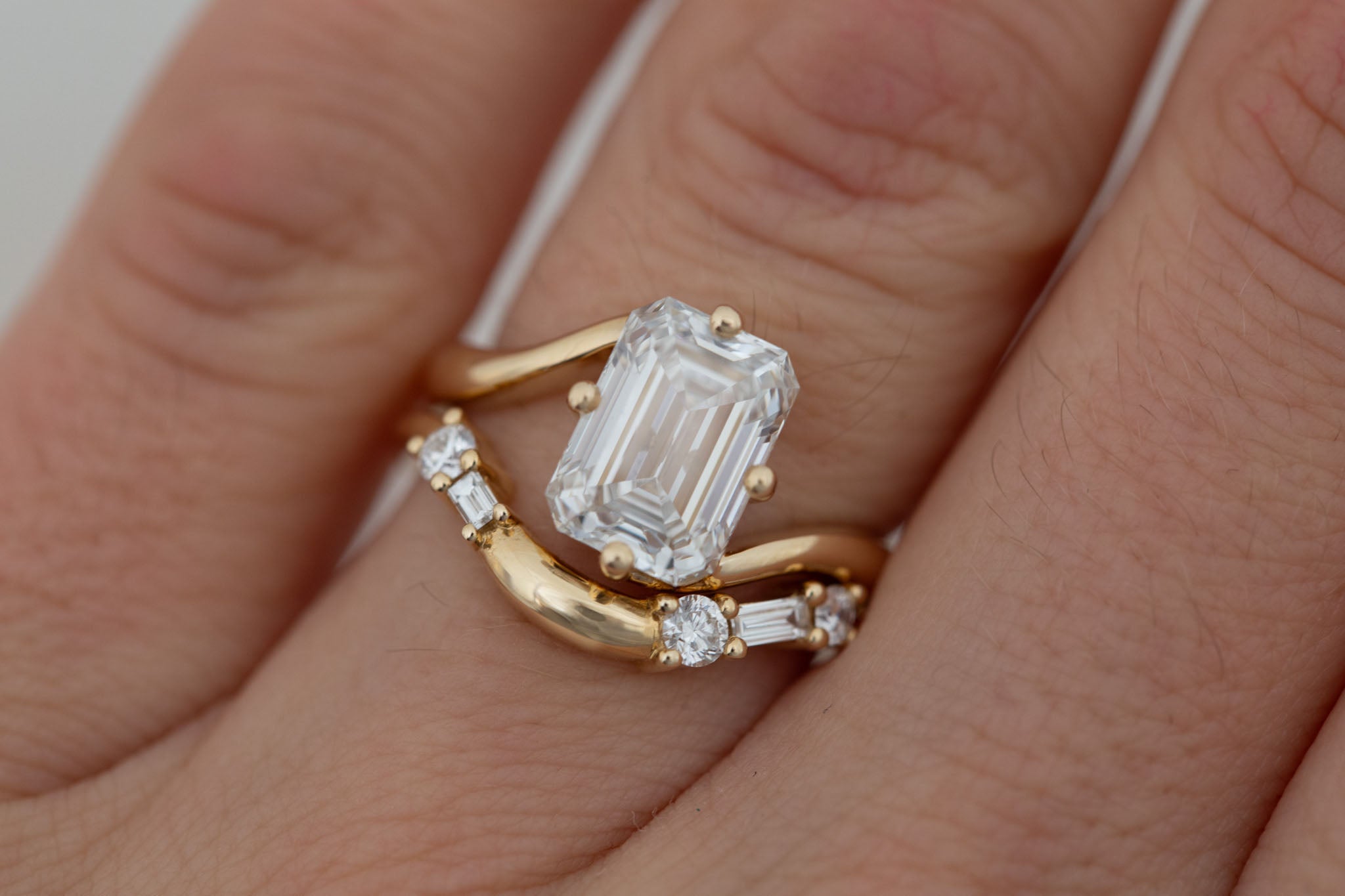 Marin Ring | Lab Emerald Cut Bypass Engagement Ring 3.08 ct | 14k Recycled Gold | One of a Kind