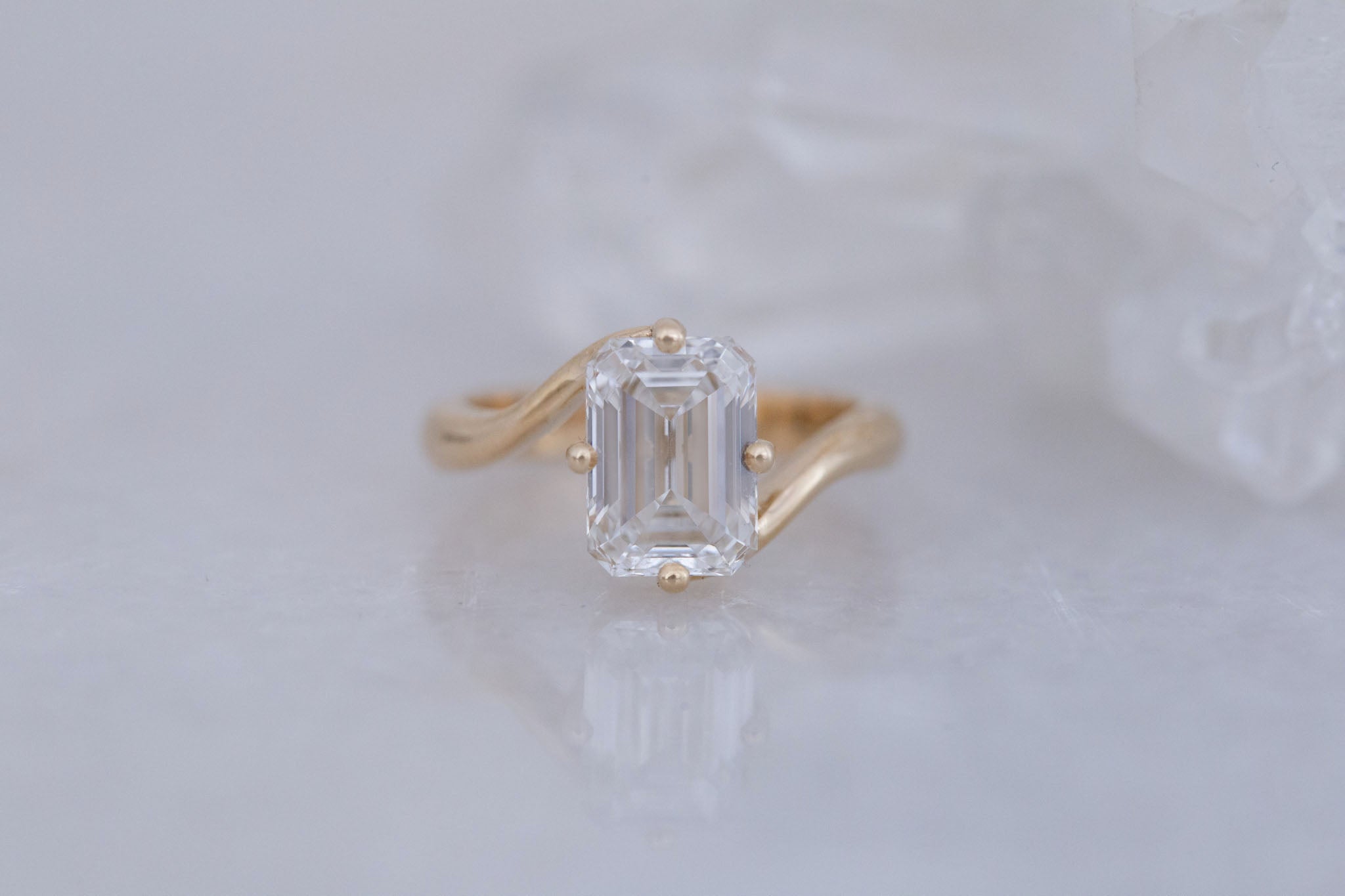 Marin Ring | Lab Emerald Cut Bypass Engagement Ring 3.08 ct | 14k Recycled Gold | One of a Kind