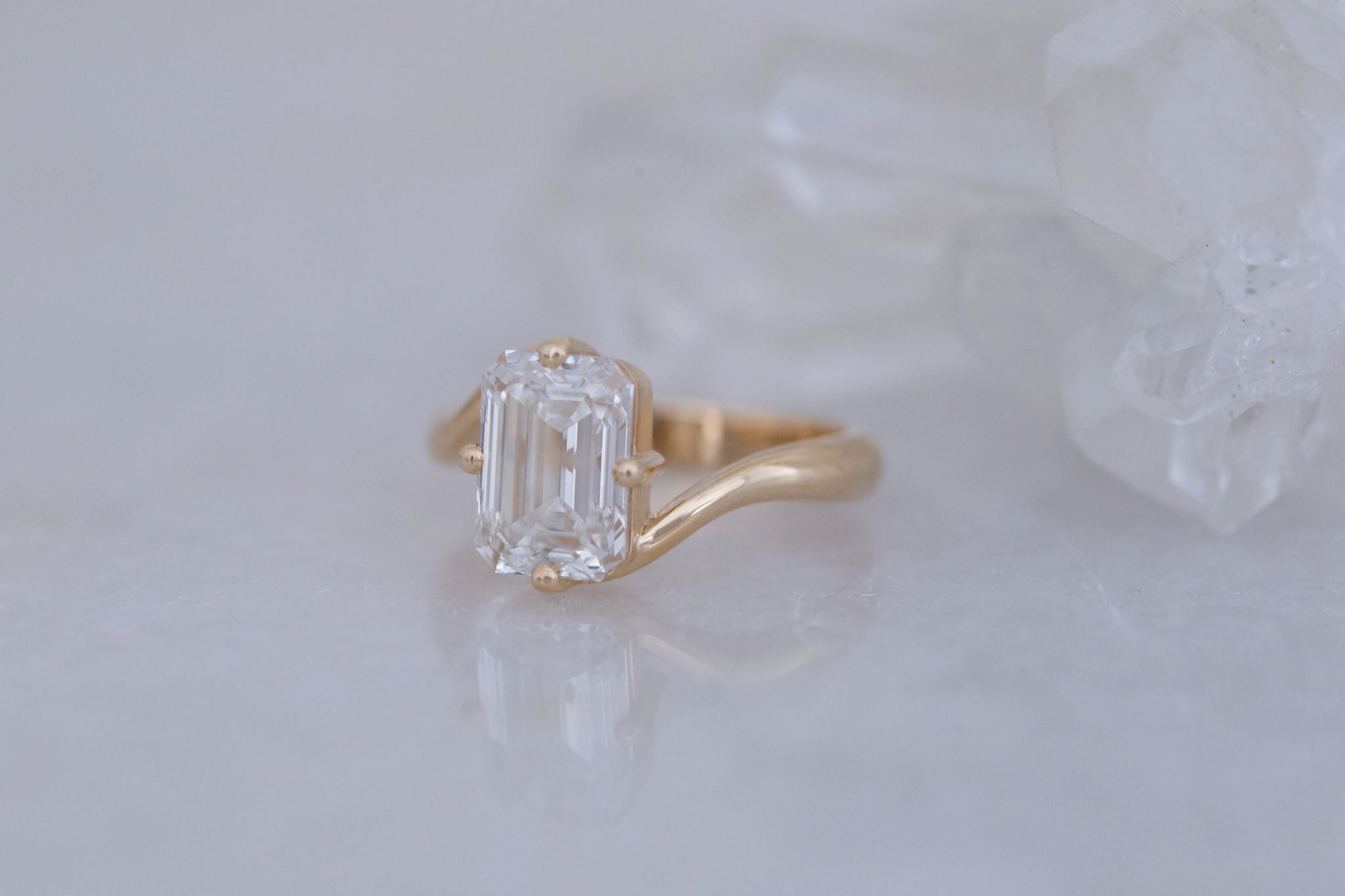 Marin Ring | Lab Emerald Cut Bypass Engagement Ring 3.08 ct | 14k Recycled Gold | One of a Kind