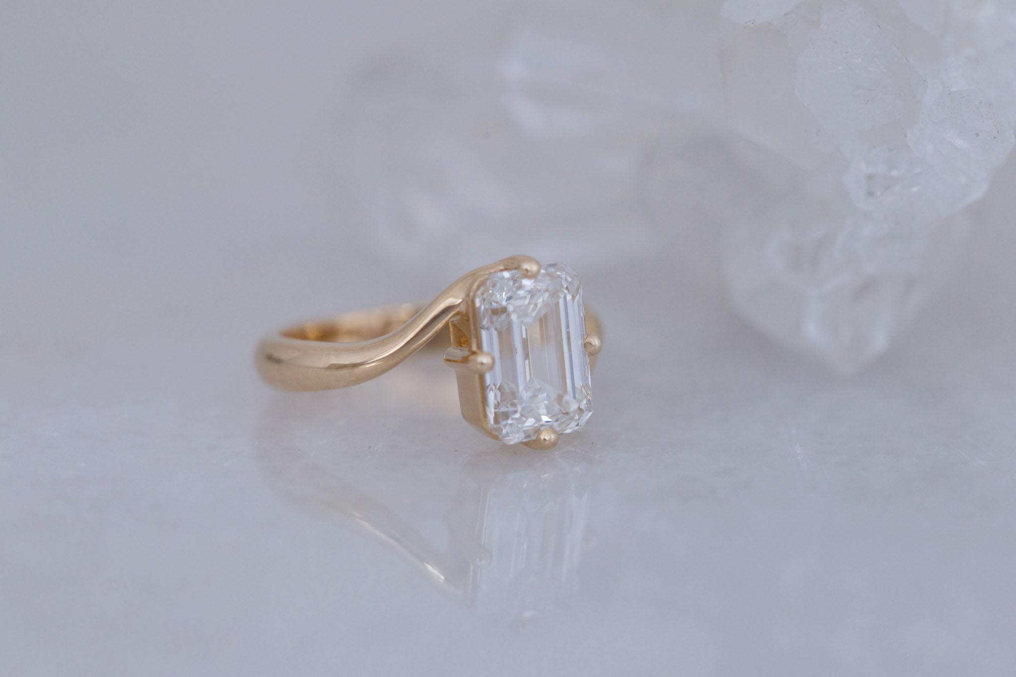 Marin Ring | Lab Emerald Cut Bypass Engagement Ring 3.08 ct | 14k Recycled Gold | One of a Kind