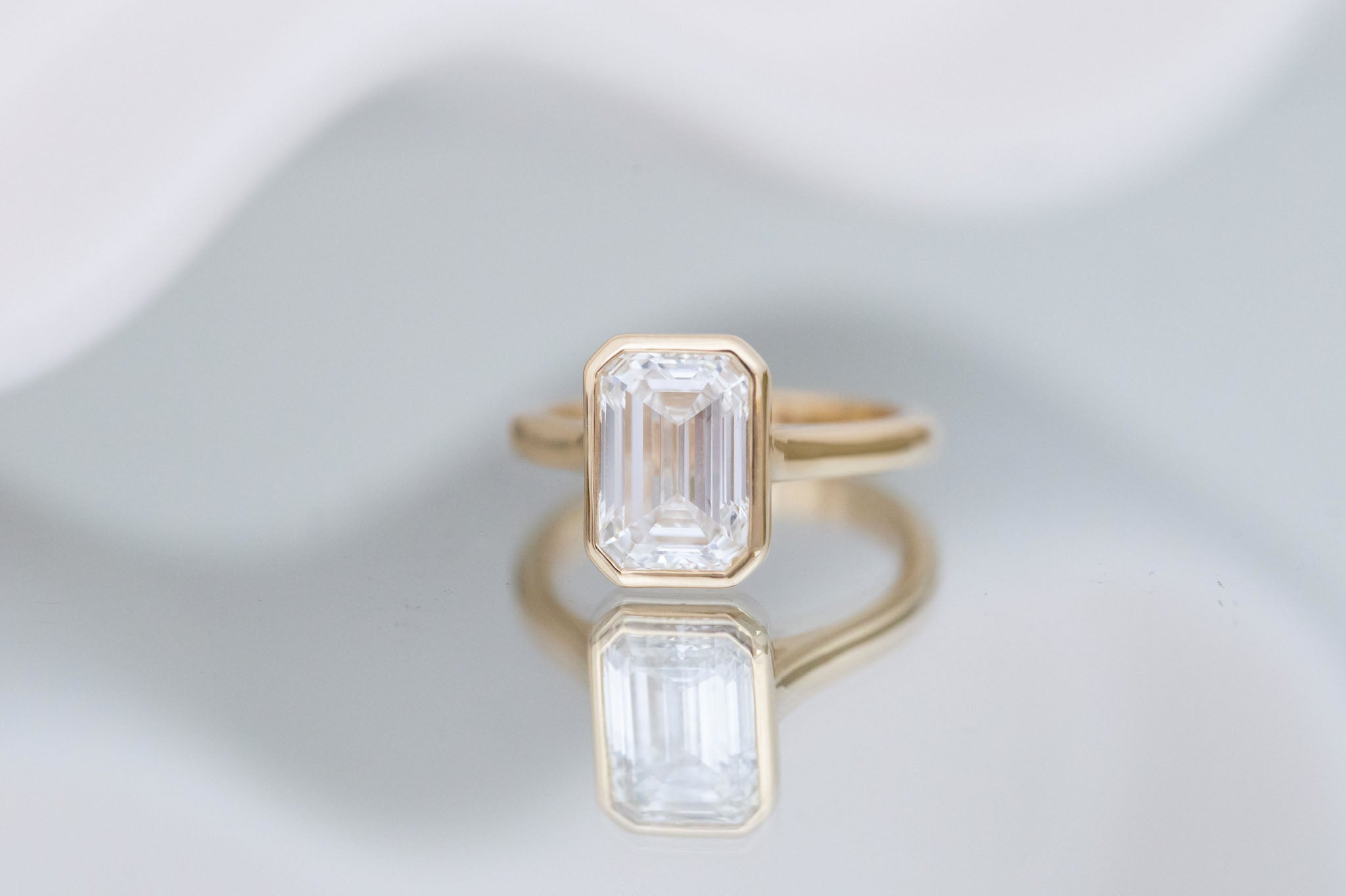 Avens Ring | Lab Emerald Cut Diamond Solitaire Engagement Ring 3.09 ct | 14k Recycled Gold | One of a Kind