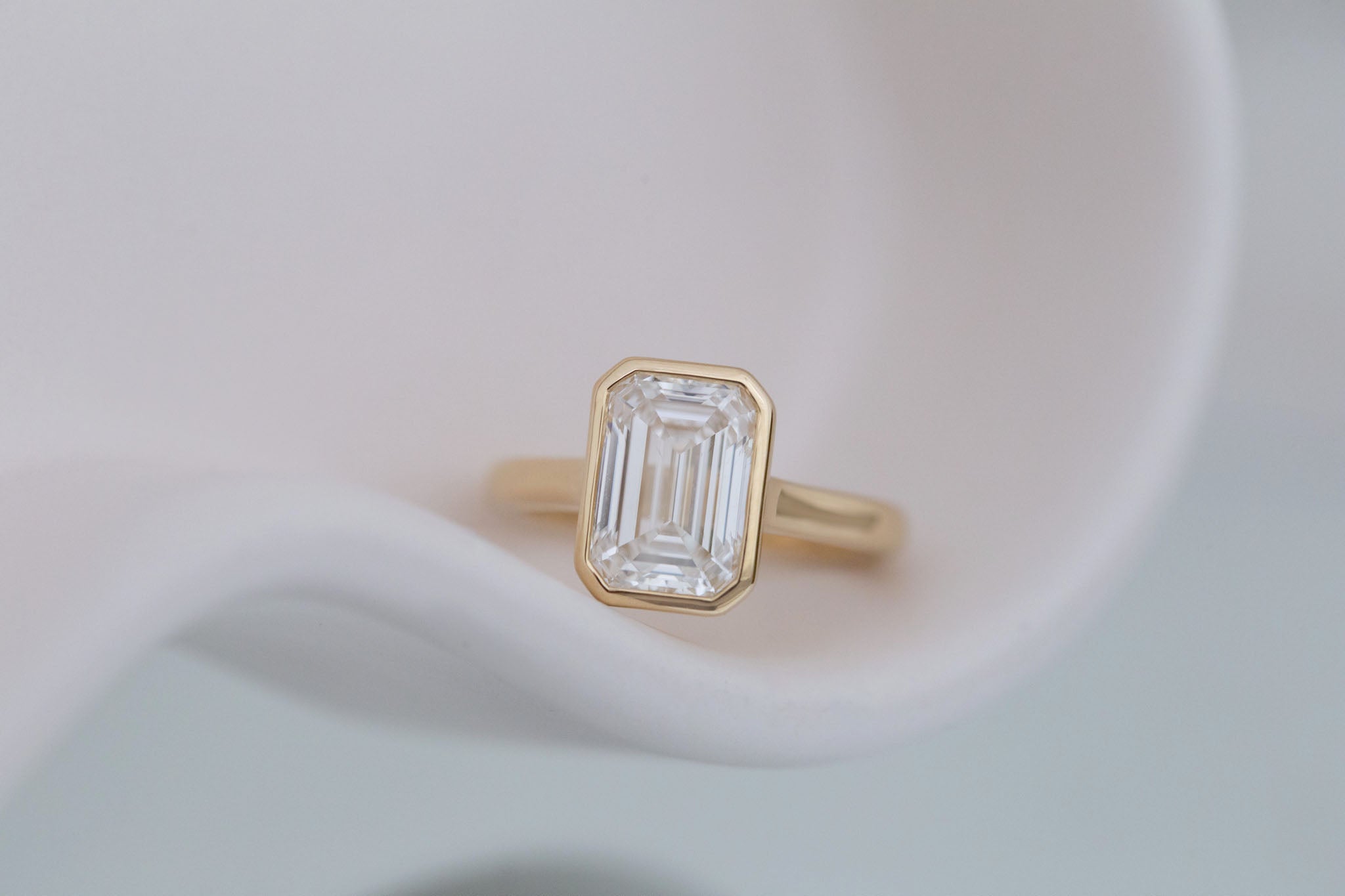 Avens Ring | Lab Emerald Cut Diamond Solitaire Engagement Ring 3.09 ct | 14k Recycled Gold | One of a Kind