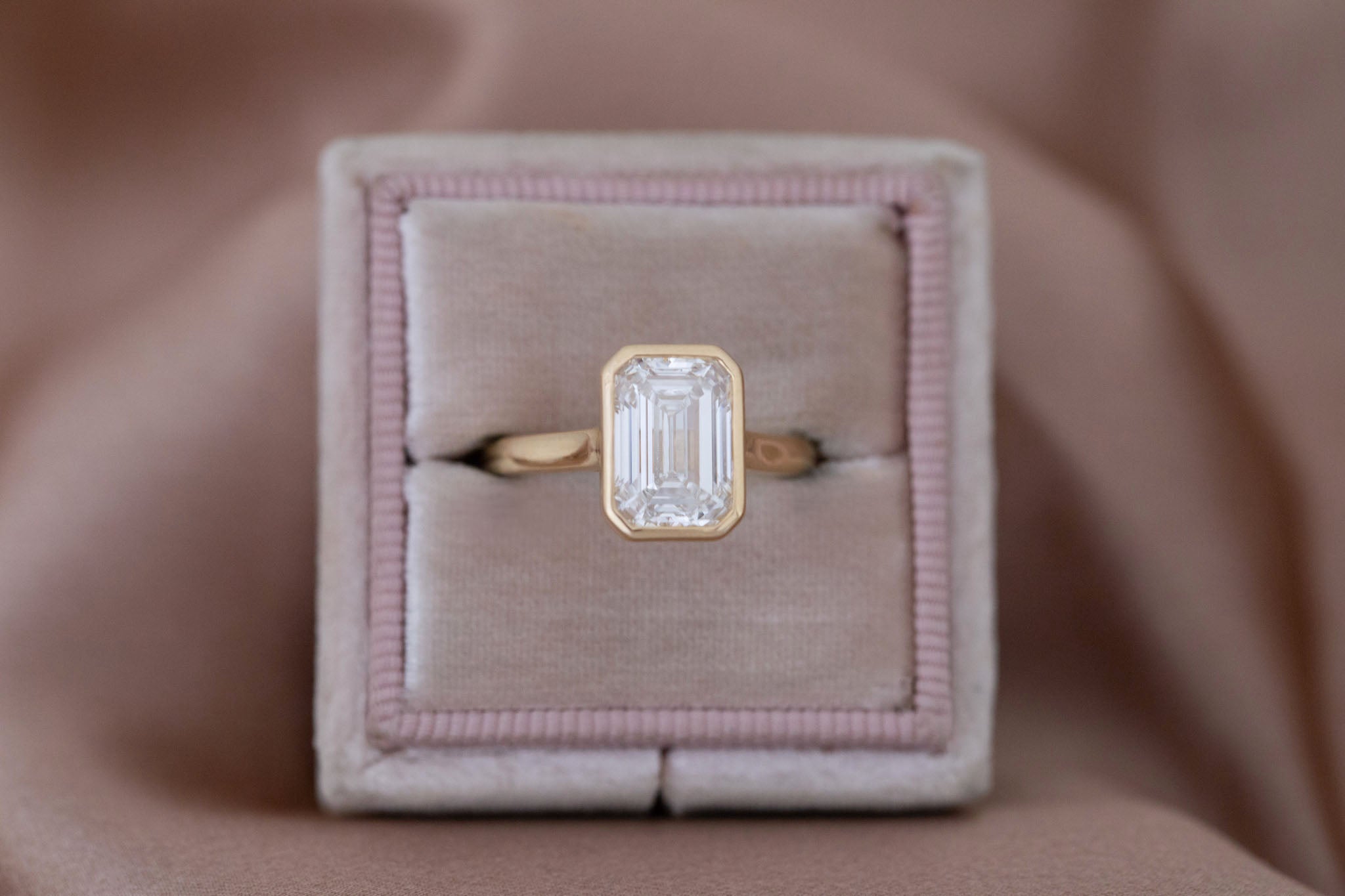 Avens Ring | Lab Emerald Cut Diamond Solitaire Engagement Ring 3.09 ct | 14k Recycled Gold | One of a Kind