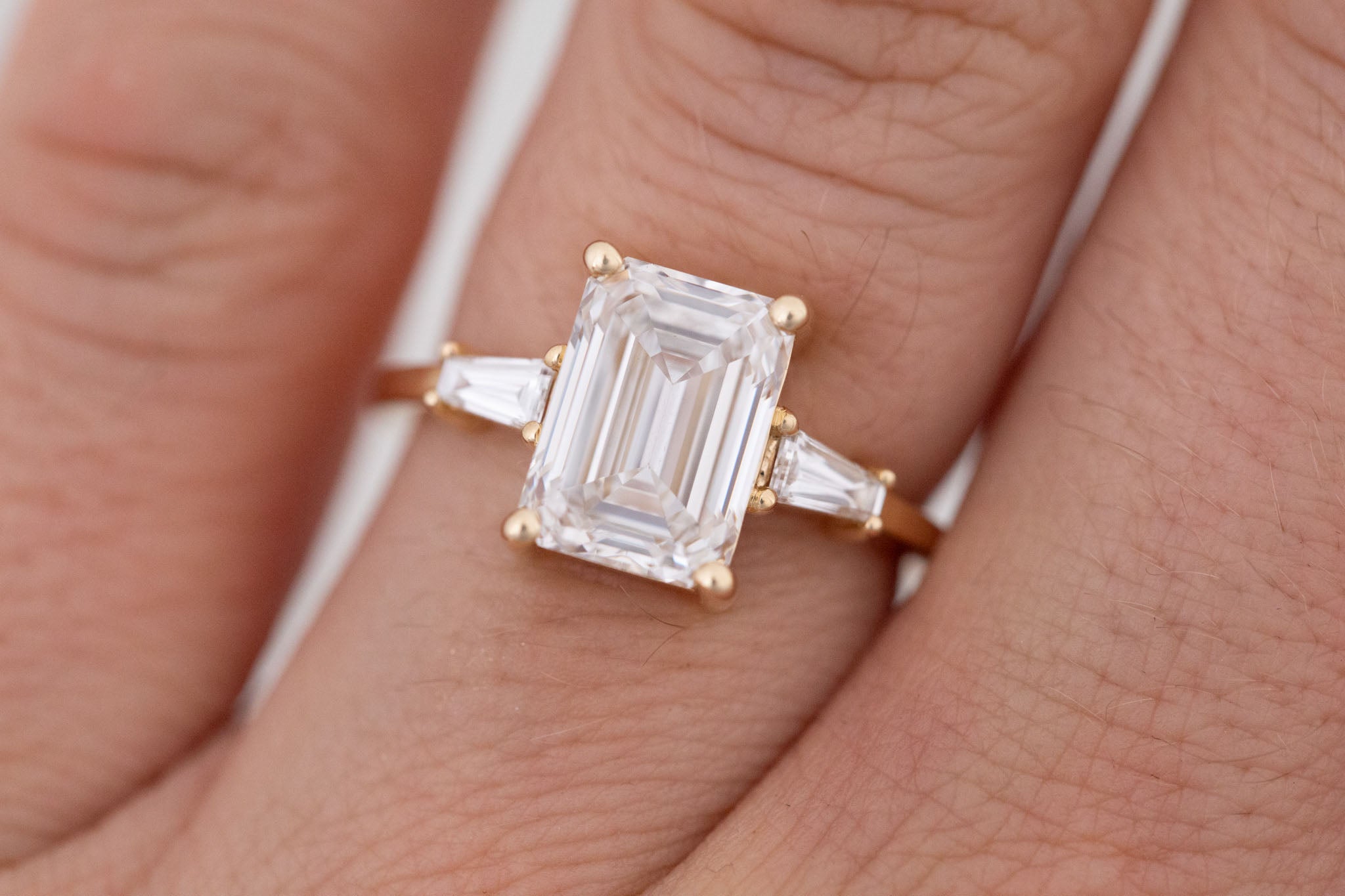Marlowe Ring | Lab Emerald Cut Diamond + Tapered Baguette Lab Diamond Accent Engagement Ring 3.09 ct | 14k Recycled Gold | One of a Kind