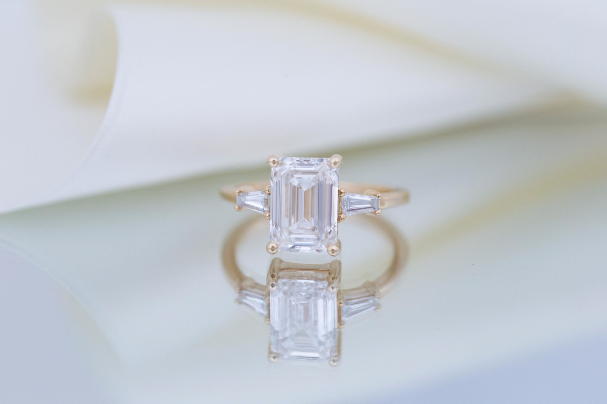 Marlowe Ring | Lab Emerald Cut Diamond + Tapered Baguette Lab Diamond Accent Engagement Ring 3.09 ct | 14k Recycled Gold | One of a Kind