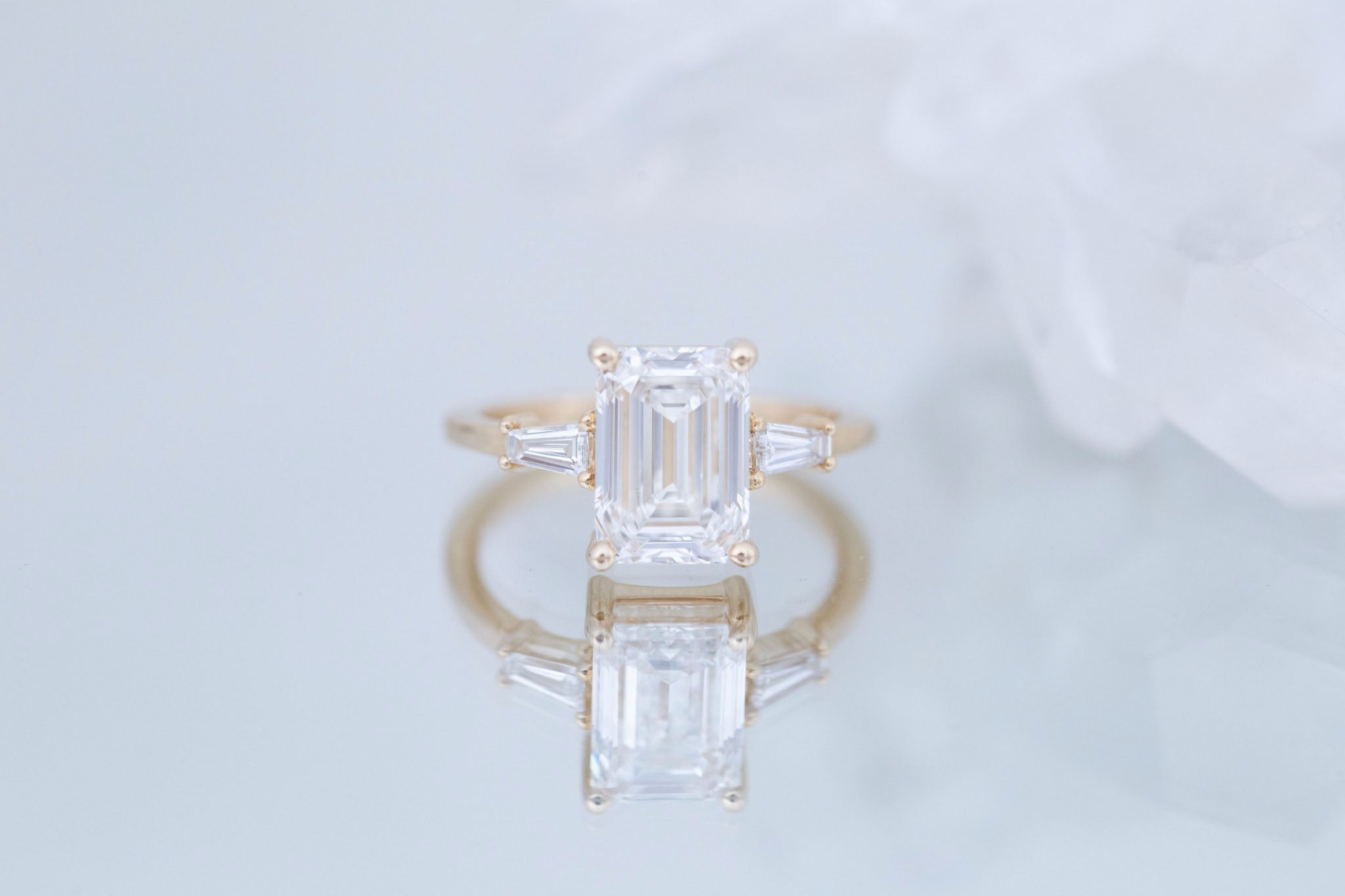 Marlowe Ring | Lab Emerald Cut Diamond + Tapered Baguette Lab Diamond Accent Engagement Ring 3.09 ct | 14k Recycled Gold | One of a Kind