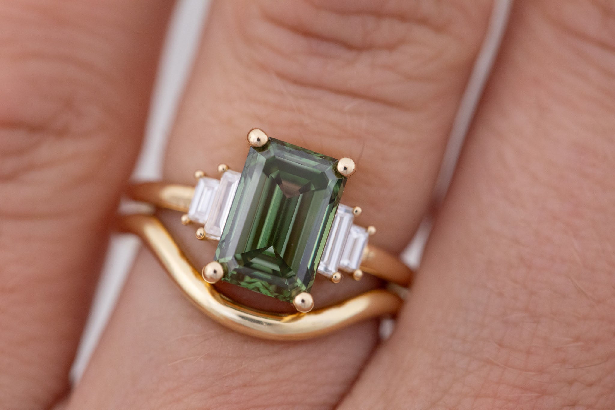 Ash Ring | Lab Green Emerald Cut Diamond + Diamond Baguette Engagement Ring 3.09 ct | 14k Recycled Gold | One of a Kind