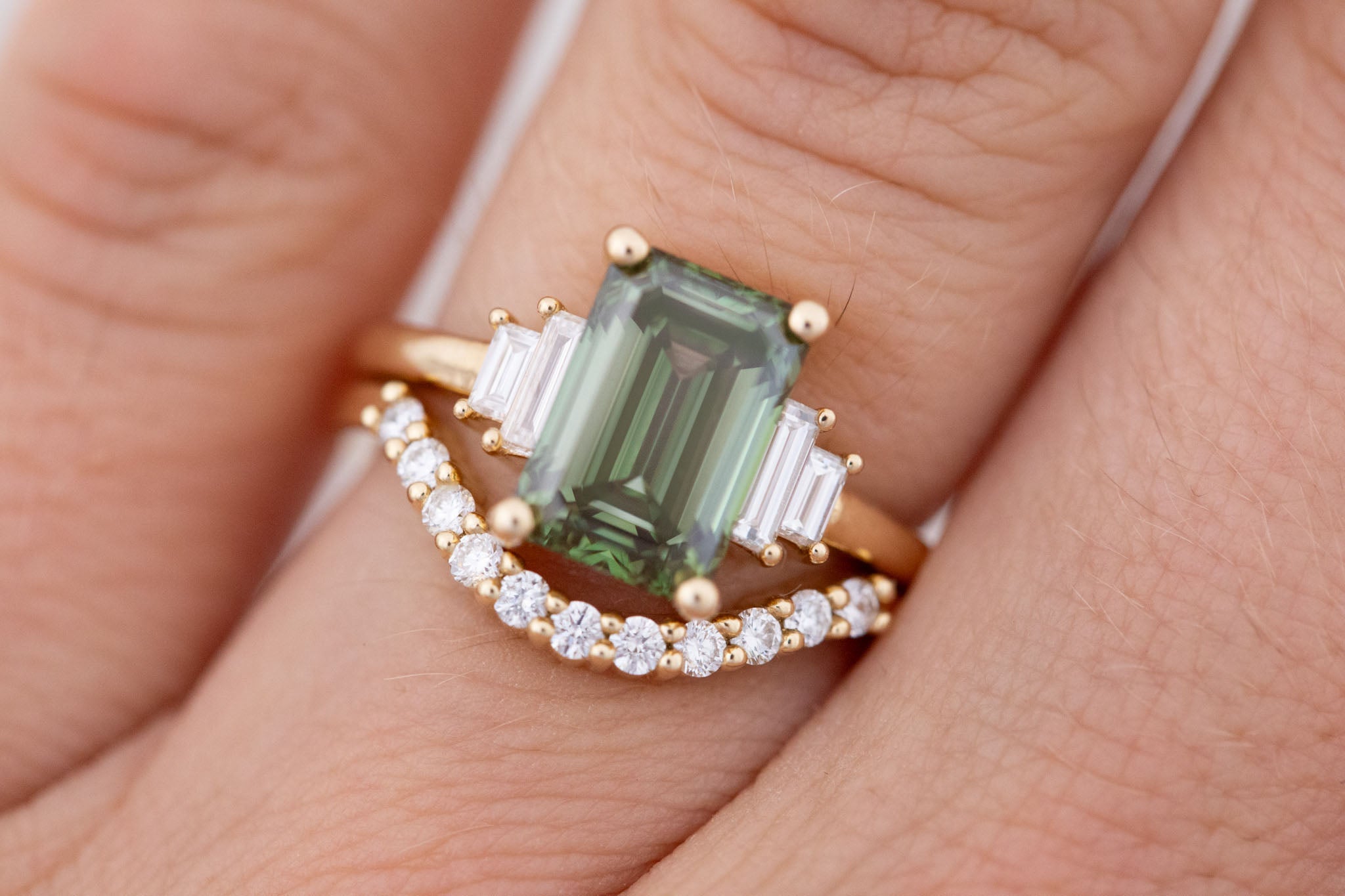 Ash Ring | Lab Green Emerald Cut Diamond + Diamond Baguette Engagement Ring 3.09 ct | 14k Recycled Gold | One of a Kind
