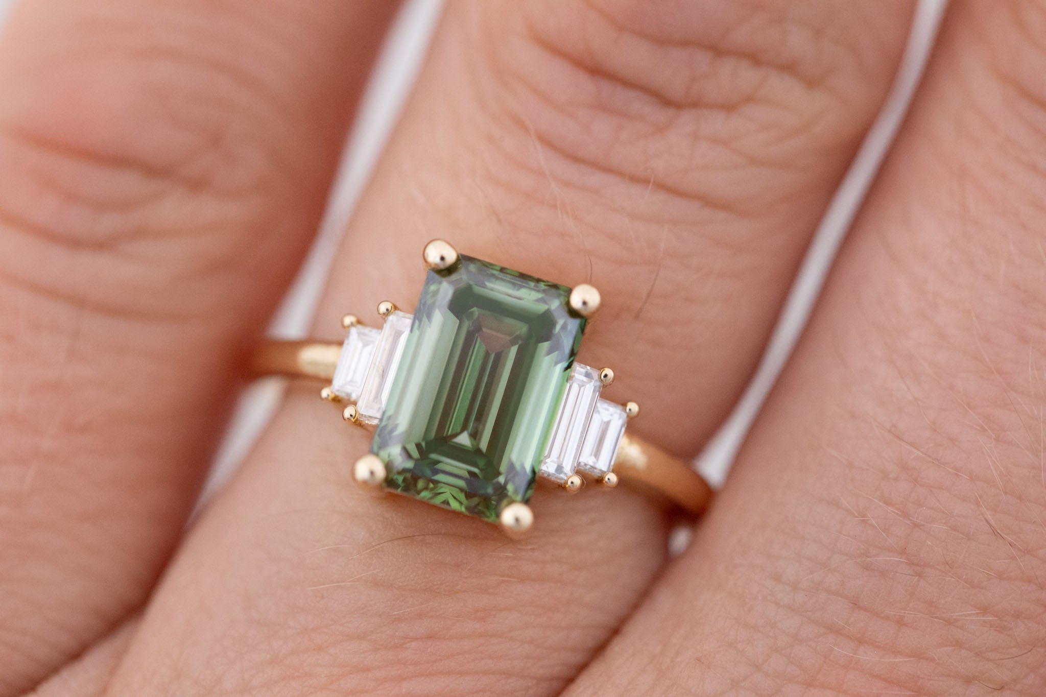 Ash Ring | Lab Green Emerald Cut Diamond + Diamond Baguette Engagement Ring 3.09 ct | 14k Recycled Gold | One of a Kind