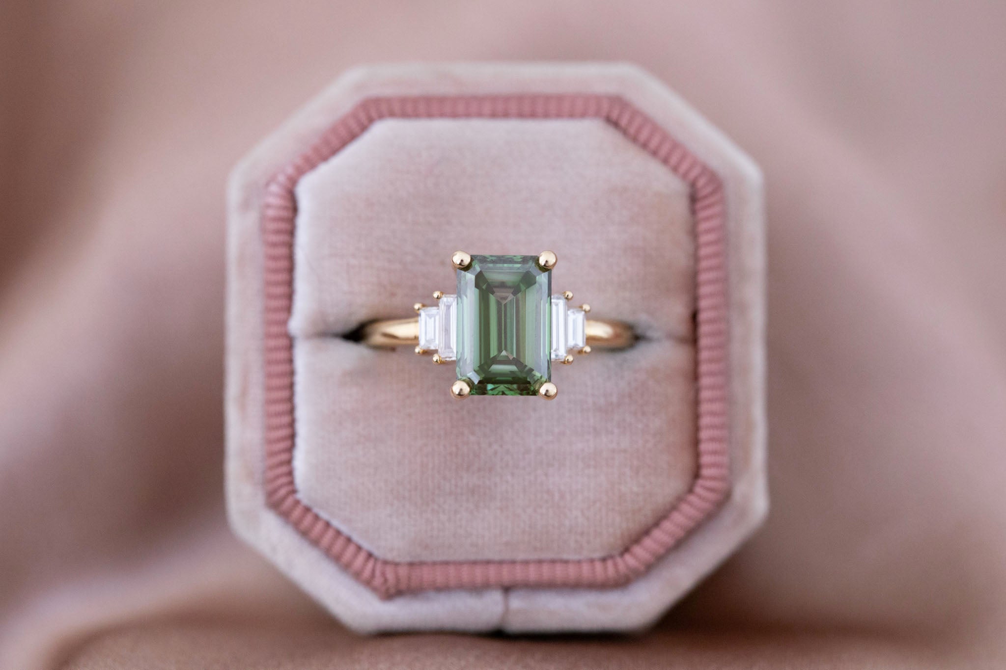 Ash Ring | Lab Green Emerald Cut Diamond + Diamond Baguette Engagement Ring 3.09 ct | 14k Recycled Gold | One of a Kind
