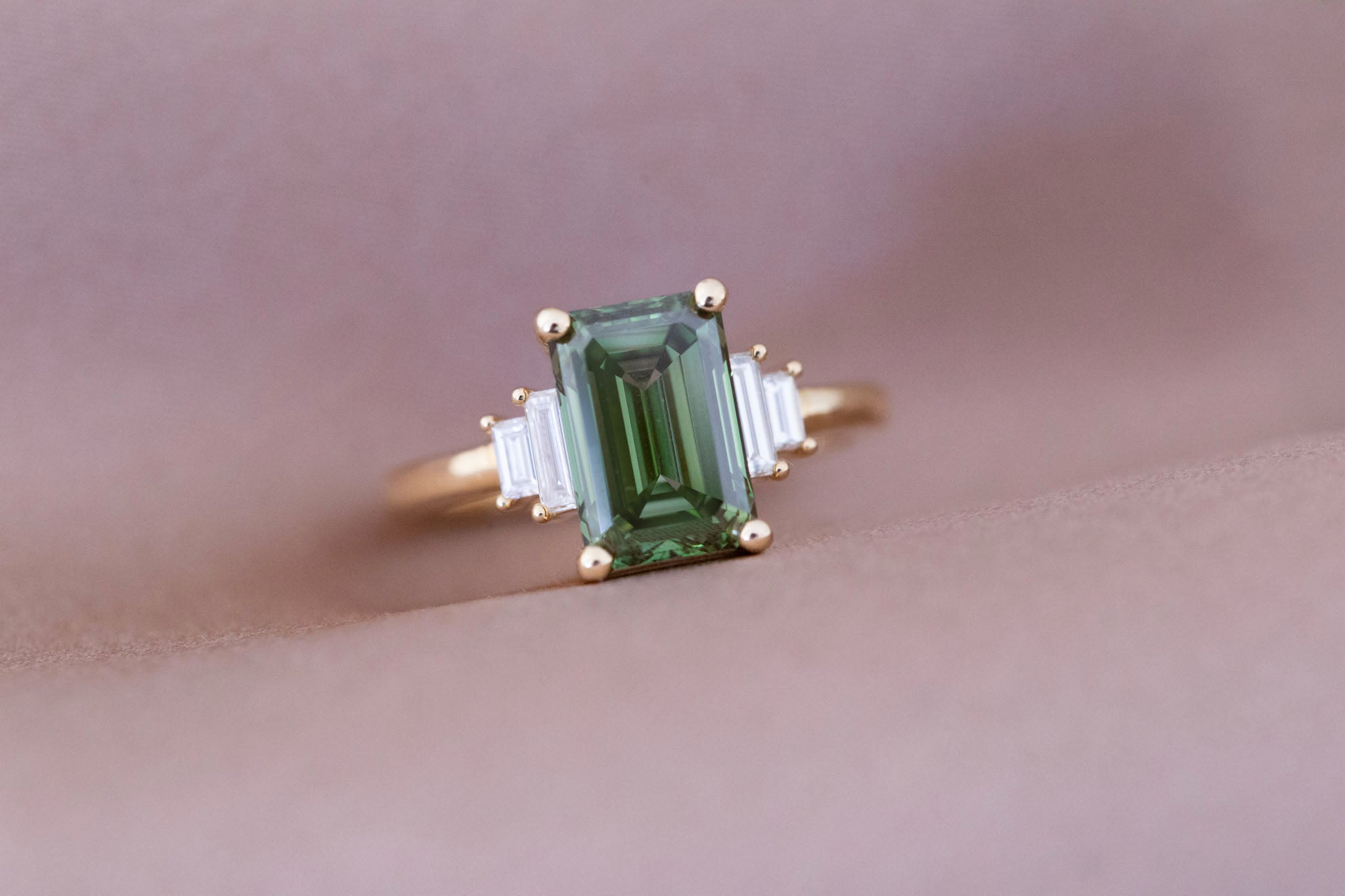 Ash Ring | Lab Green Emerald Cut Diamond + Diamond Baguette Engagement Ring 3.09 ct | 14k Recycled Gold | One of a Kind