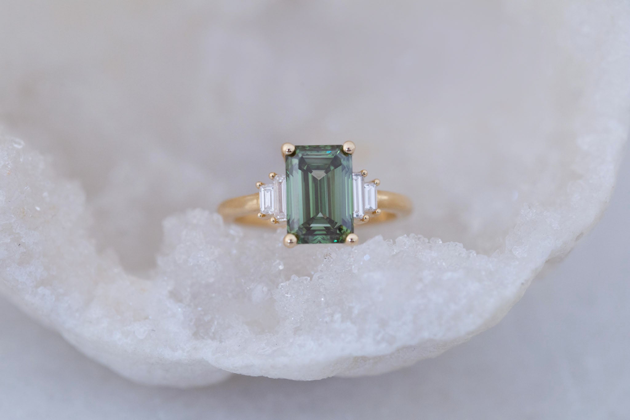Ash Ring | Lab Green Emerald Cut Diamond + Diamond Baguette Engagement Ring 3.09 ct | 14k Recycled Gold | One of a Kind