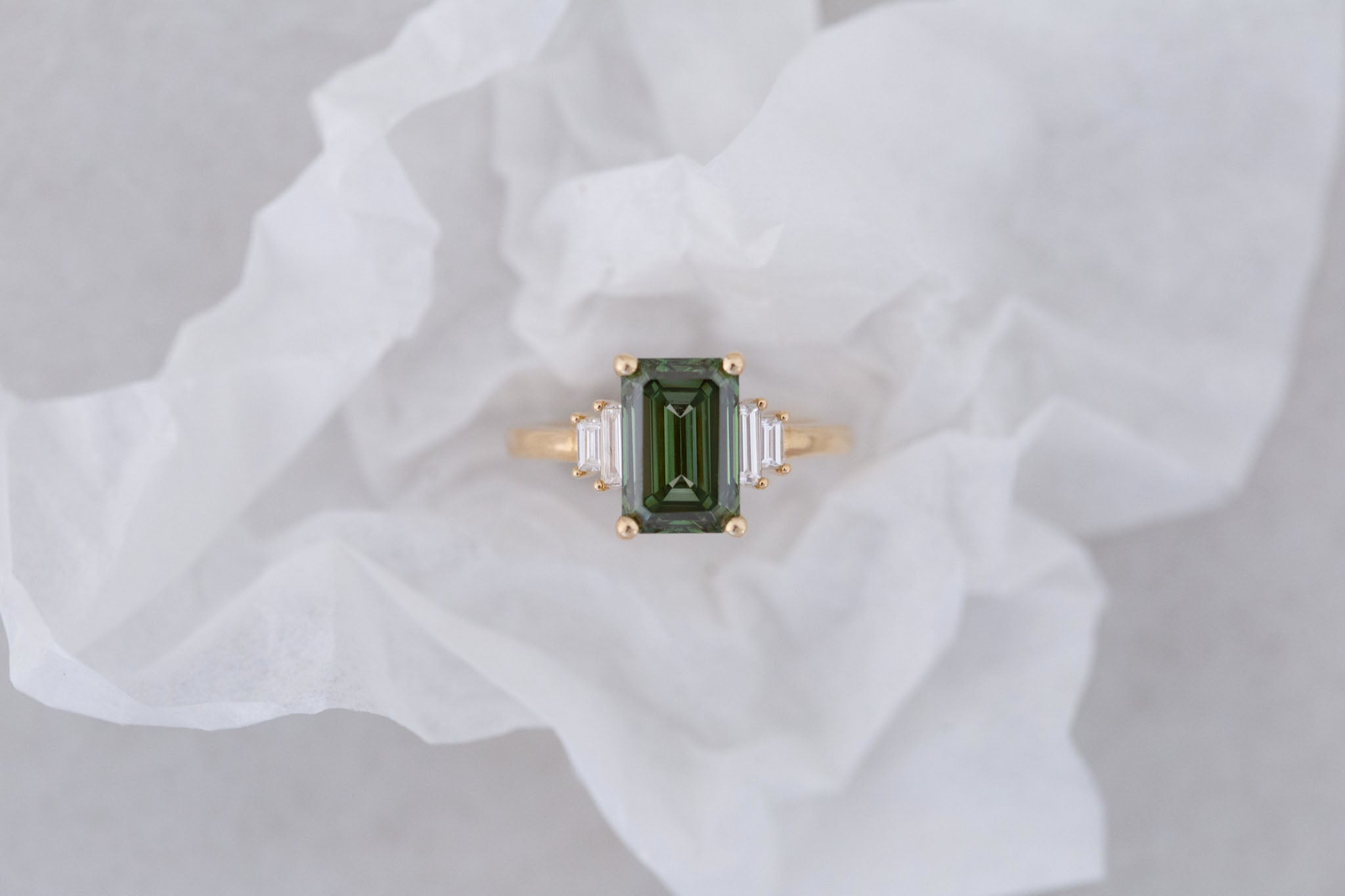 Ash Ring | Lab Green Emerald Cut Diamond + Diamond Baguette Engagement Ring 3.09 ct | 14k Recycled Gold | One of a Kind