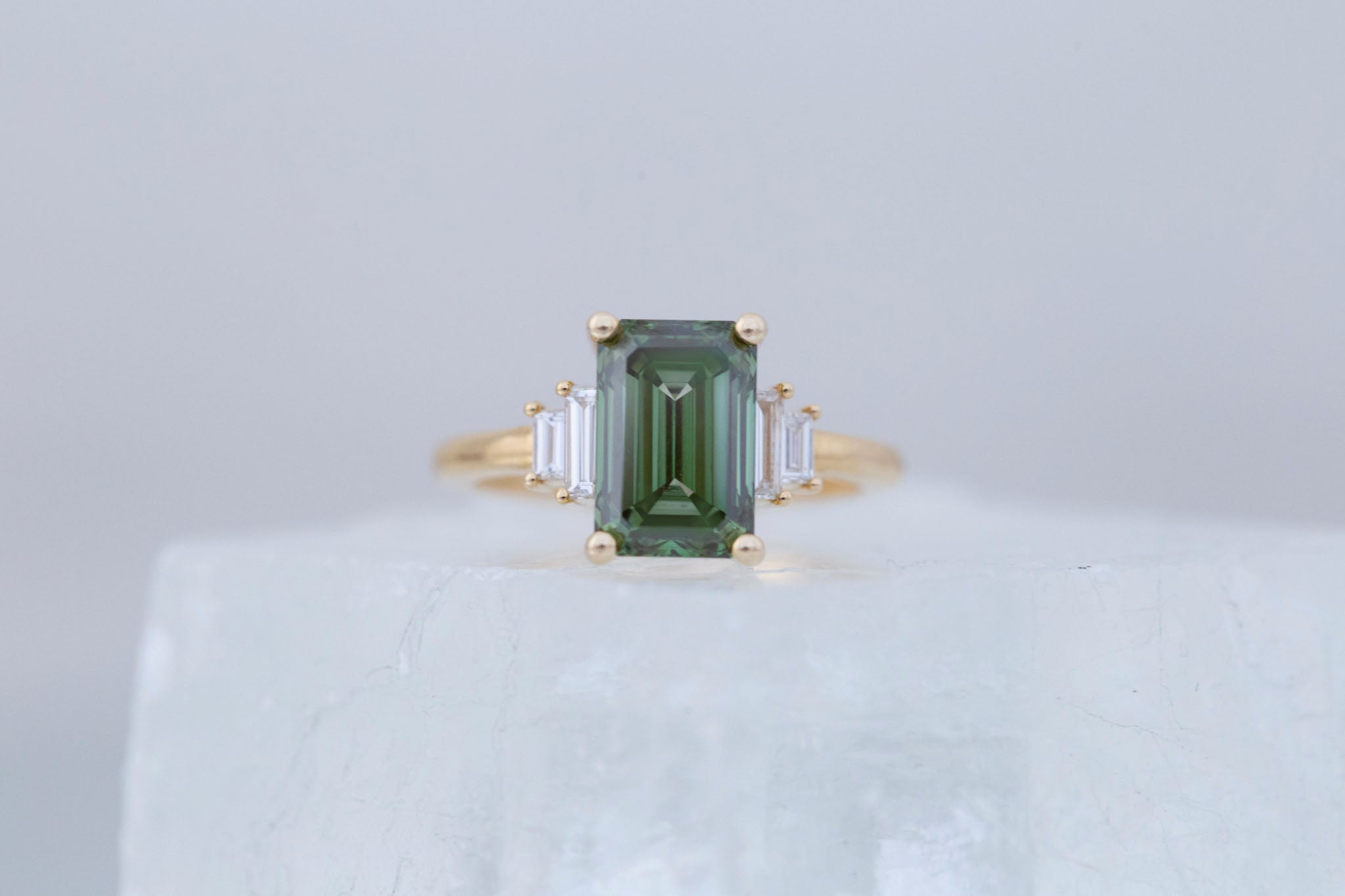 Ash Ring | Lab Green Emerald Cut Diamond + Diamond Baguette Engagement Ring 3.09 ct | 14k Recycled Gold | One of a Kind