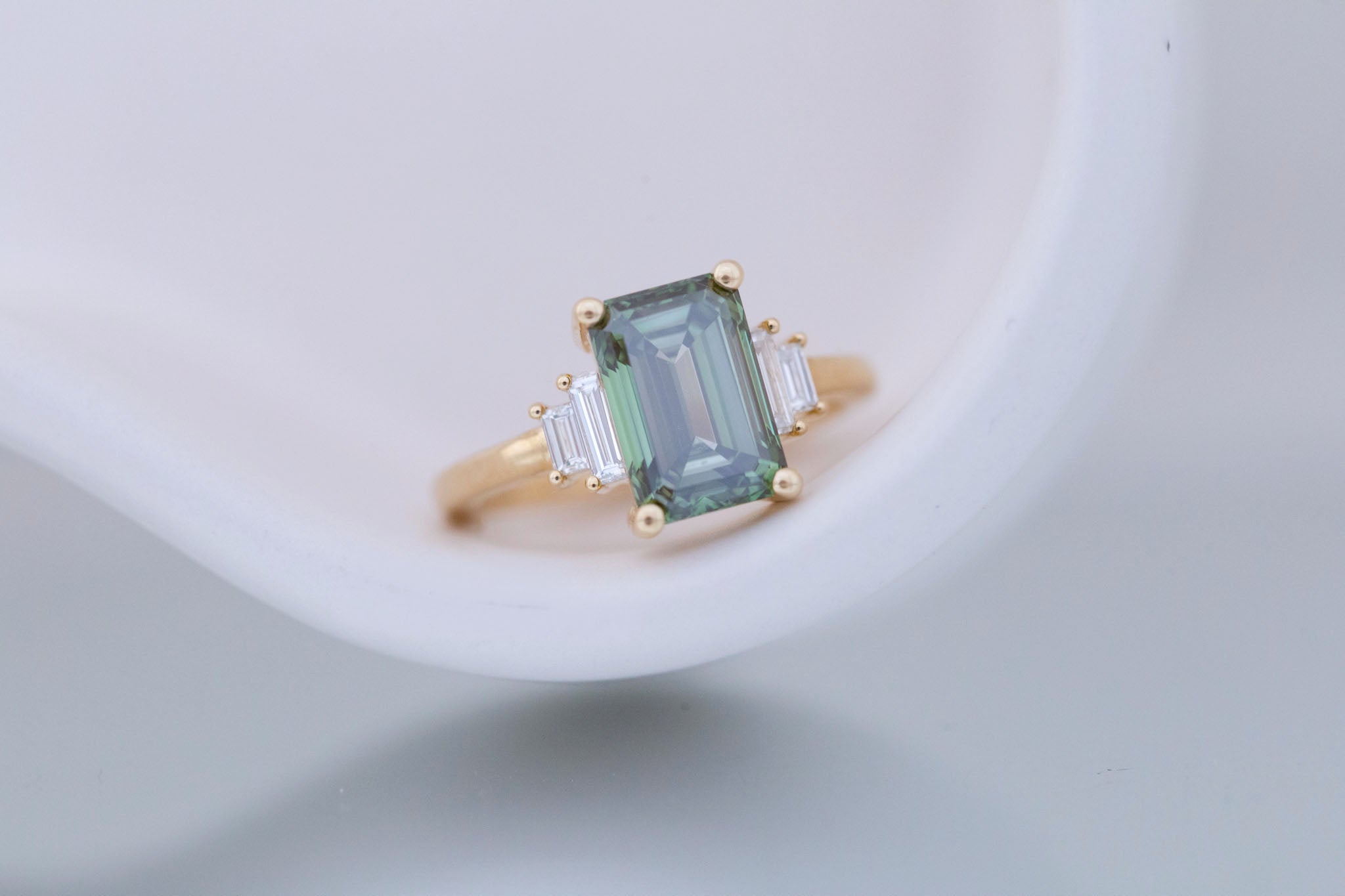 Ash Ring | Lab Green Emerald Cut Diamond + Diamond Baguette Engagement Ring 3.09 ct | 14k Recycled Gold | One of a Kind