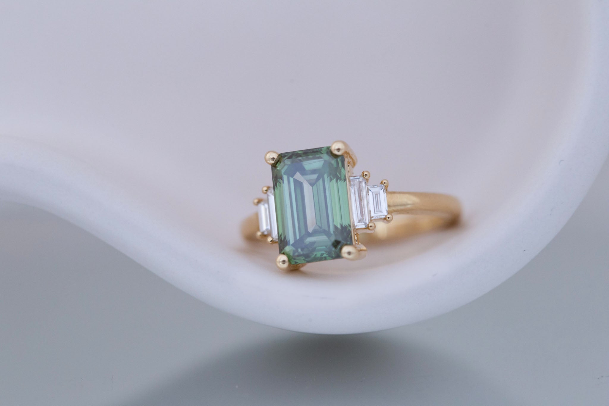 Ash Ring | Lab Green Emerald Cut Diamond + Diamond Baguette Engagement Ring 3.09 ct | 14k Recycled Gold | One of a Kind