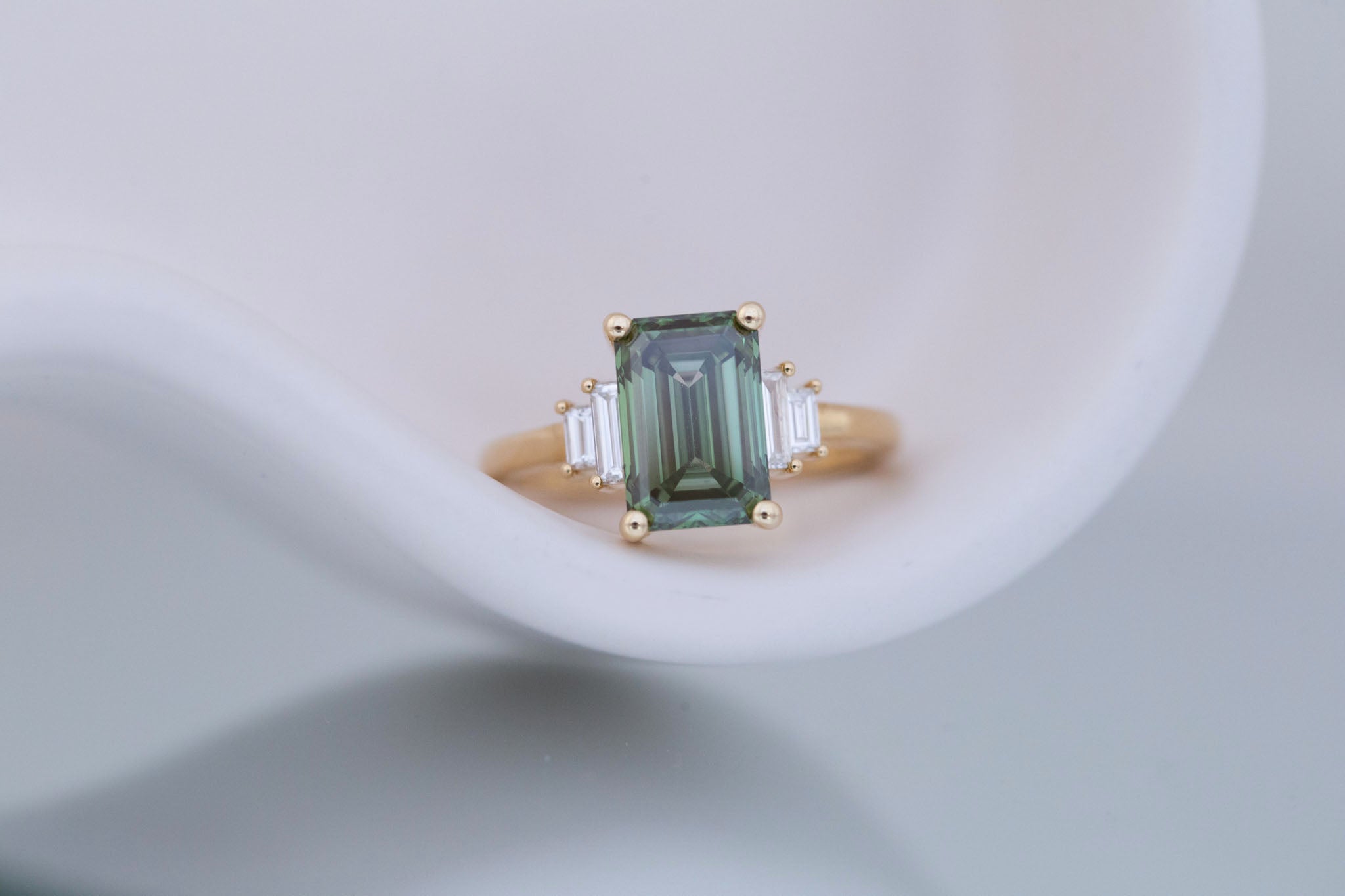 Ash Ring | Lab Green Emerald Cut Diamond + Diamond Baguette Engagement Ring 3.09 ct | 14k Recycled Gold | One of a Kind