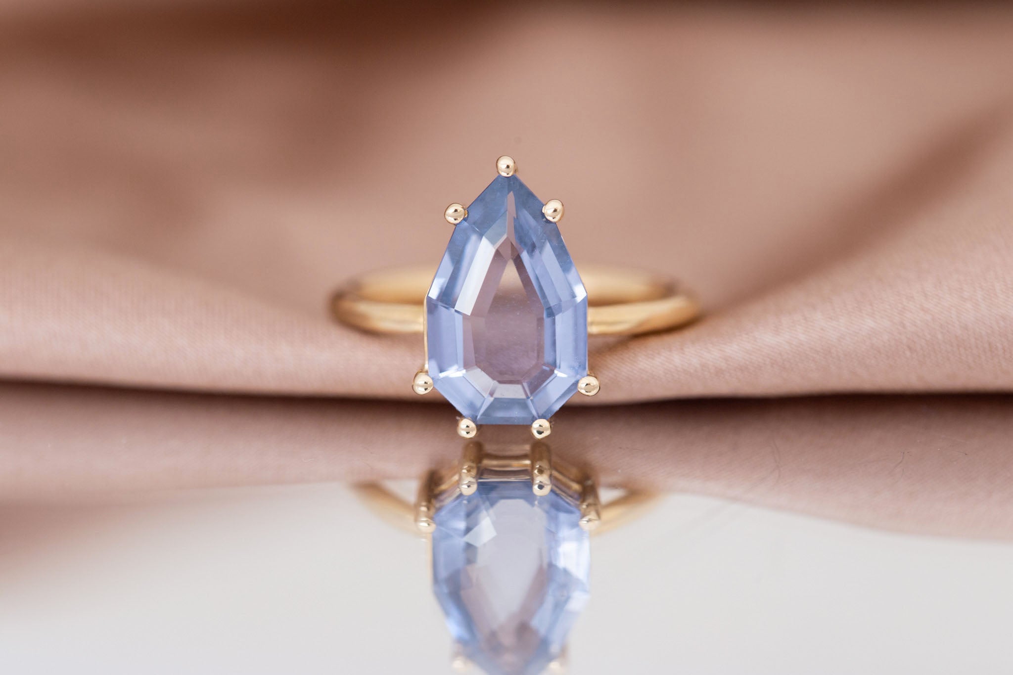 Mesa Ring | Step Cut Geometric Pear Spinel Solitaire Engagement Ring 3.56 ct | 14k Recycled Gold | One of a Kind