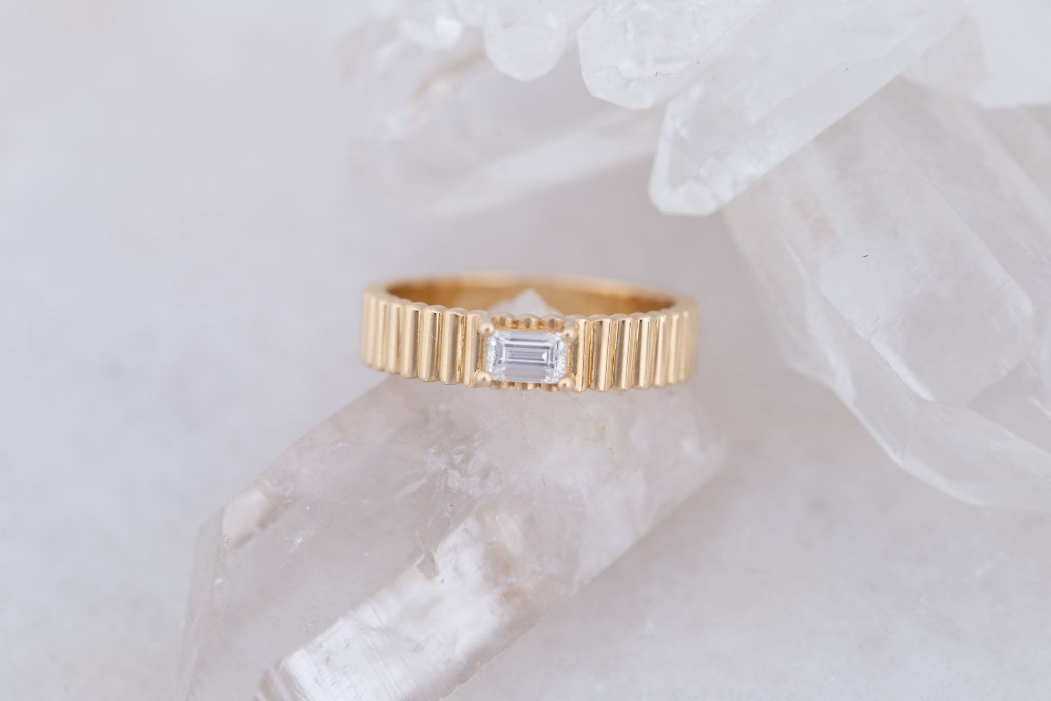 Ellis Ring | Baguette Cut Diamond + Fluted Band Engagement Ring 0.28 ct | 14k Recycled Gold | One of a Kind