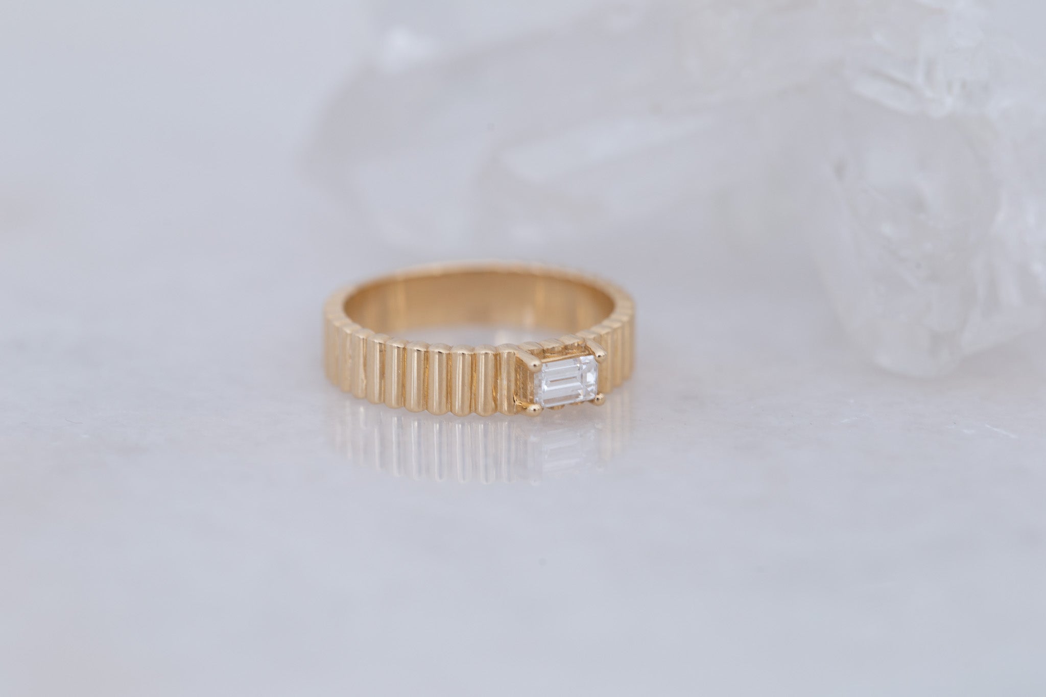 Ellis Ring | Baguette Cut Diamond + Fluted Band Engagement Ring 0.28 ct | 14k Recycled Gold | One of a Kind