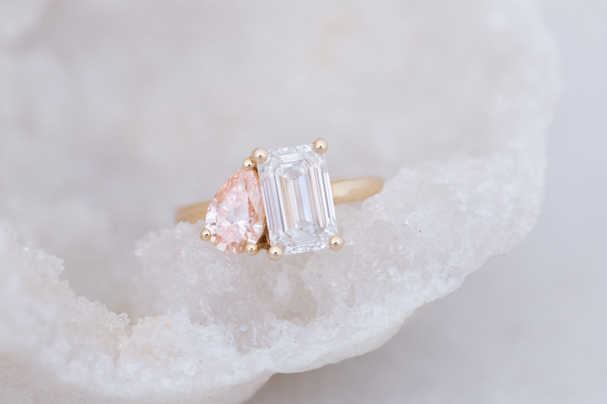 Liana Ring | Lab Emerald Cut Diamond + Pear Cut Pink Diamond Engagement Ring 2.52 + 0.86 ct | 14k Recycled Gold | One of a Kind