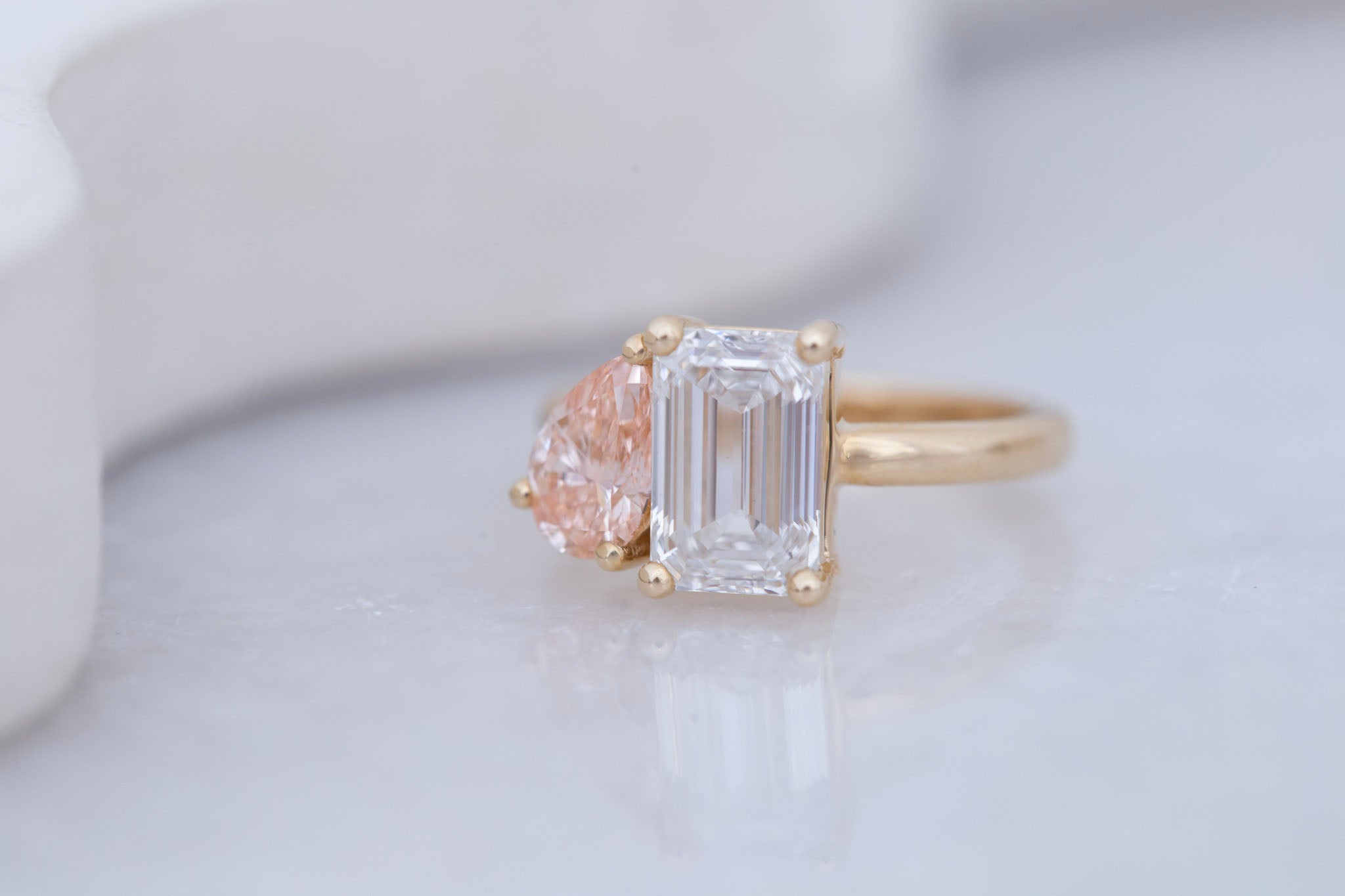 Liana Ring | Lab Emerald Cut Diamond + Pear Cut Pink Diamond Engagement Ring 2.52 + 0.86 ct | 14k Recycled Gold | One of a Kind
