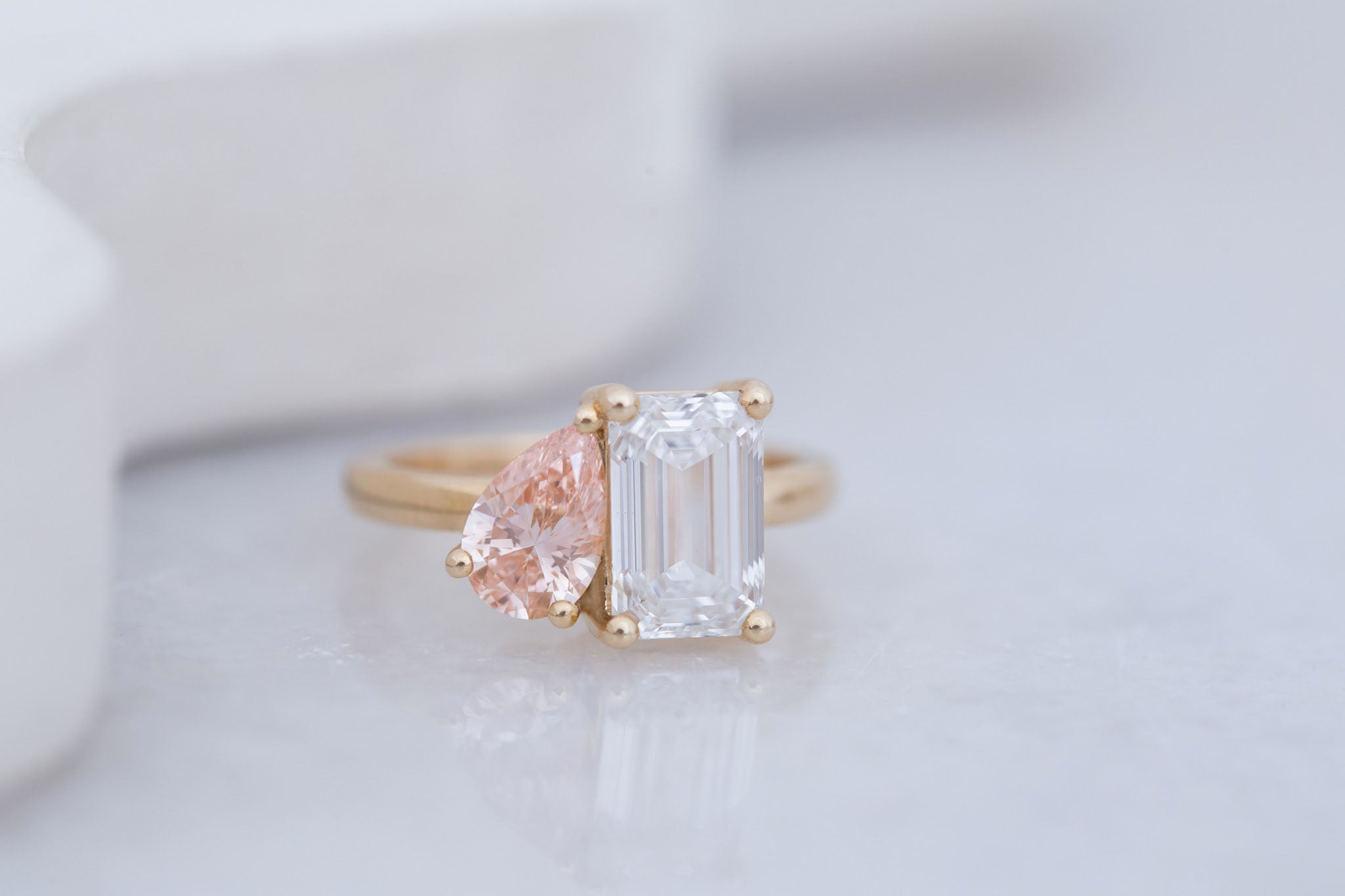 Liana Ring | Lab Emerald Cut Diamond + Pear Cut Pink Diamond Engagement Ring 2.52 + 0.86 ct | 14k Recycled Gold | One of a Kind
